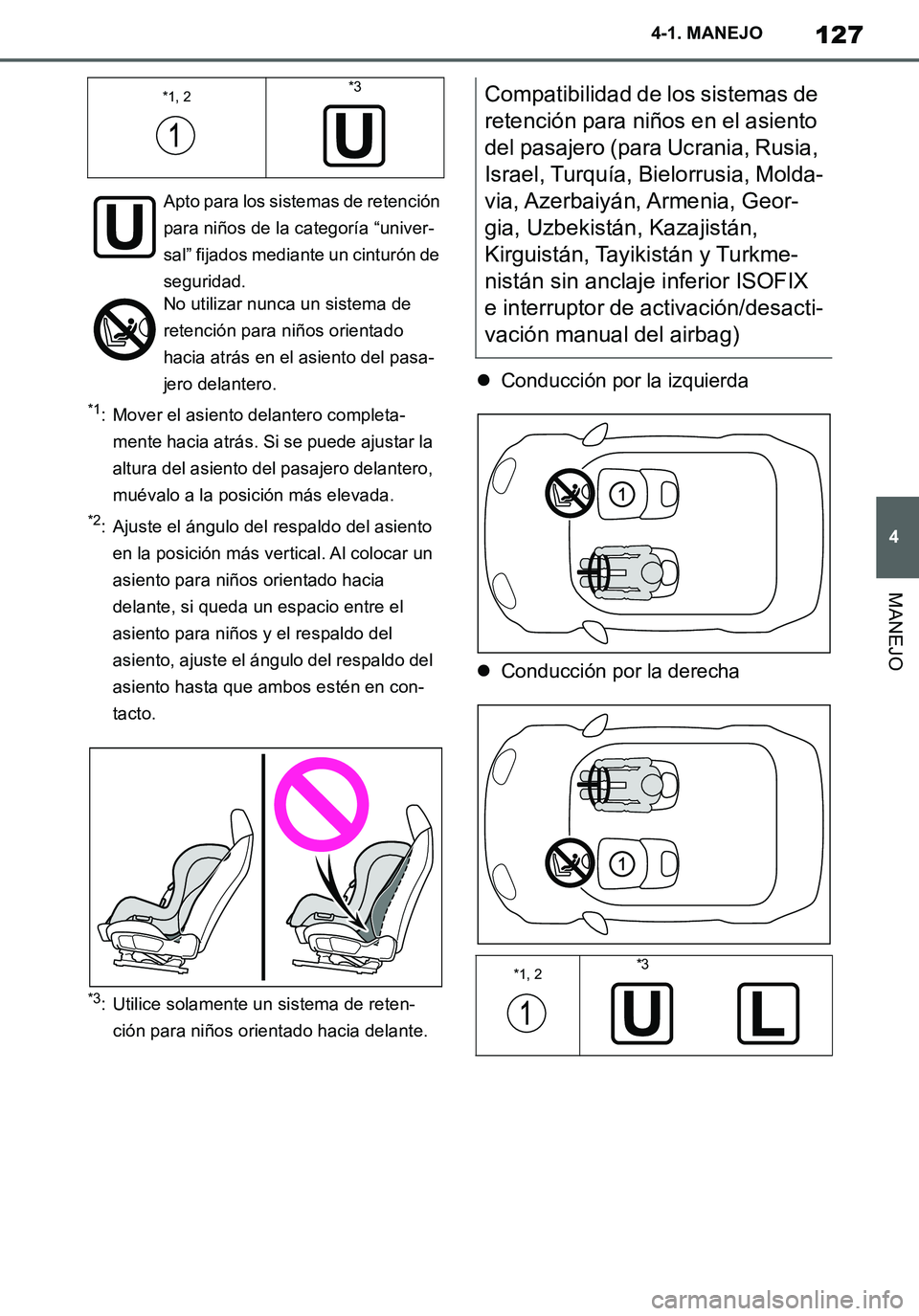 TOYOTA SUPRA 2020 Manuale de Empleo (in Spanish) 127
4
Supra Owners Manual_ES
4-1. MANEJO
MANEJO
*1: Mover el asiento delantero completa-
mente hacia atrás. Si se puede ajustar la
altura del asiento del pasajero delantero,
muévalo a la posició TOYOTA SUPRA 2020 Manuale de Empleo (in Spanish) 127
4
Supra Owners Manual_ES
4-1. MANEJO
MANEJO
*1: Mover el asiento delantero completa-
mente hacia atrás. Si se puede ajustar la
altura del asiento del pasajero delantero,
muévalo a la posició