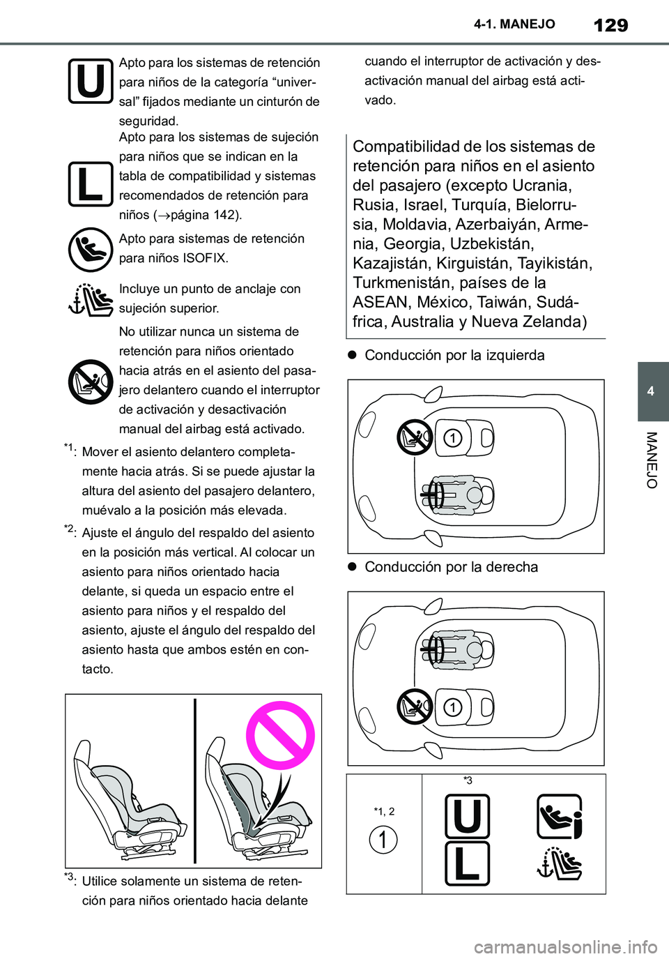 TOYOTA SUPRA 2020 Manuale de Empleo (in Spanish) 129
4
Supra Owners Manual_ES
4-1. MANEJO
MANEJO
*1: Mover el asiento delantero completa-
mente hacia atrás. Si se puede ajustar la
altura del asiento del pasajero delantero,
muévalo a la posició TOYOTA SUPRA 2020 Manuale de Empleo (in Spanish) 129
4
Supra Owners Manual_ES
4-1. MANEJO
MANEJO
*1: Mover el asiento delantero completa-
mente hacia atrás. Si se puede ajustar la
altura del asiento del pasajero delantero,
muévalo a la posició