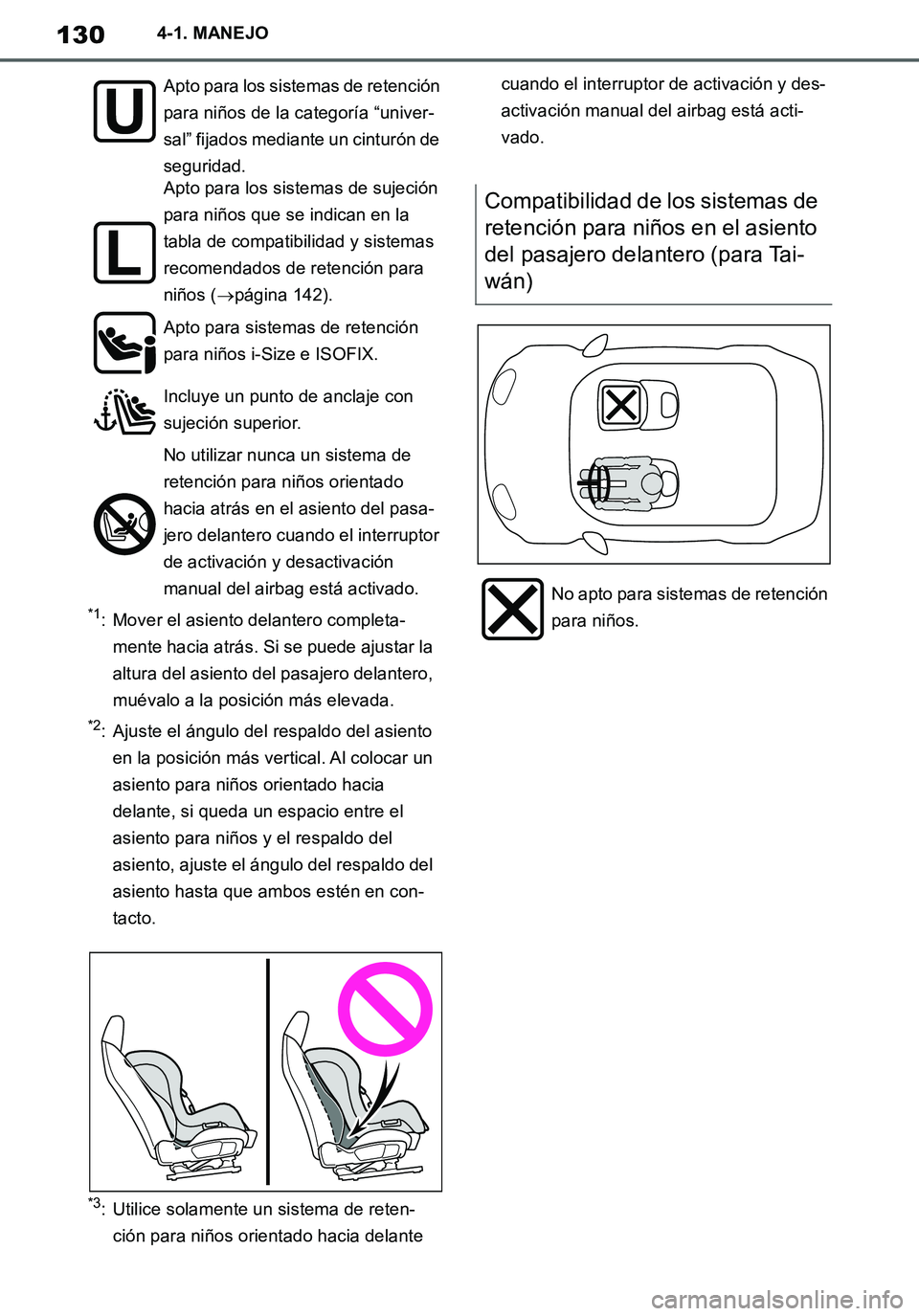 TOYOTA SUPRA 2020 Manuale de Empleo (in Spanish) 130
Supra Owners Manual_ES
4-1. MANEJO
*1: Mover el asiento delantero completa-
mente hacia atrás. Si se puede ajustar la
altura del asiento del pasajero delantero,
muévalo a la posición más el TOYOTA SUPRA 2020 Manuale de Empleo (in Spanish) 130
Supra Owners Manual_ES
4-1. MANEJO
*1: Mover el asiento delantero completa-
mente hacia atrás. Si se puede ajustar la
altura del asiento del pasajero delantero,
muévalo a la posición más el