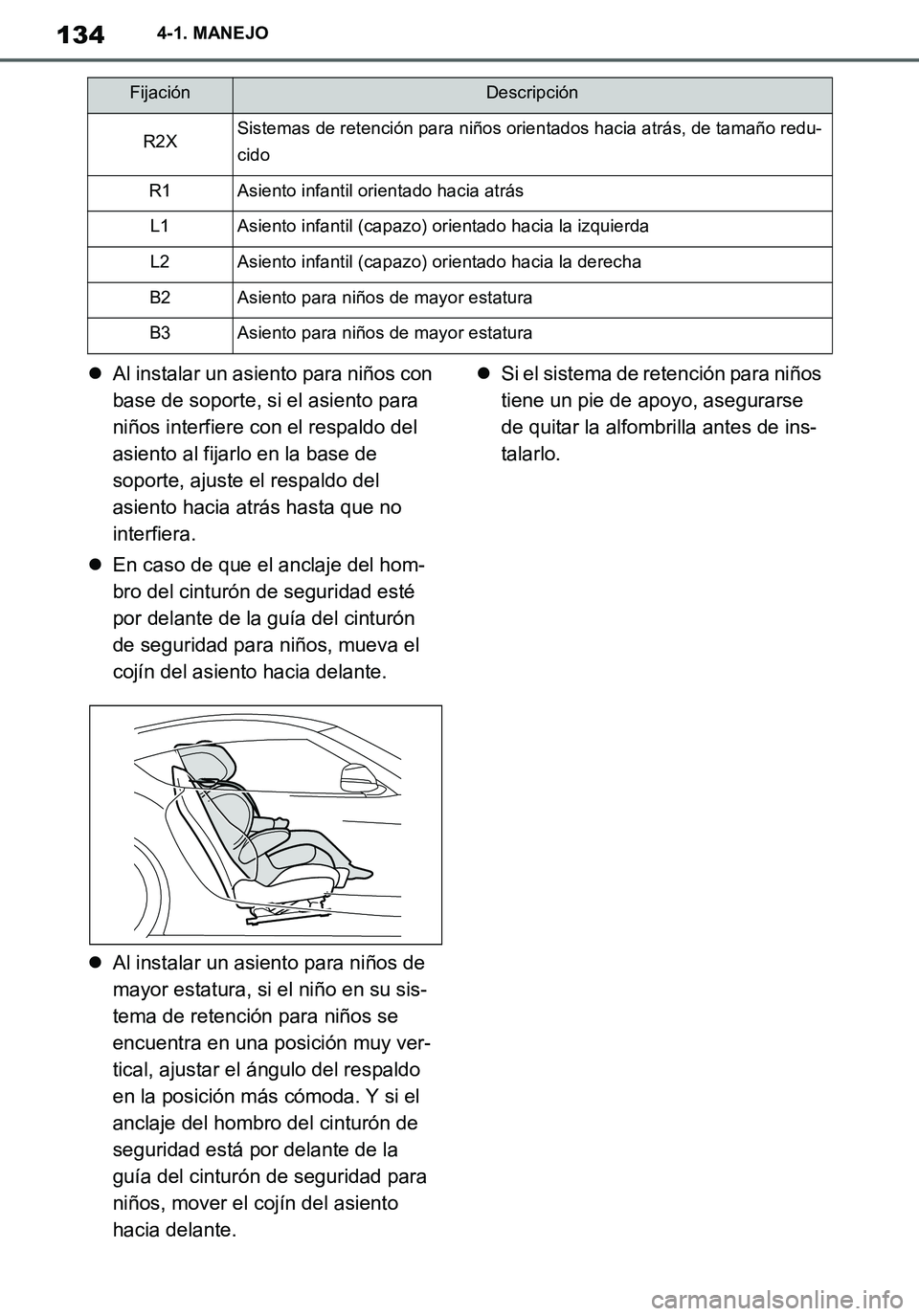 TOYOTA SUPRA 2020 Manuale de Empleo (in Spanish) 134
Supra Owners Manual_ES
4-1. MANEJO
Al instalar un asiento para niños con
base de soporte, si el asiento para
niños interfiere con el respaldo del
asiento al fijarlo en la base de
soporte TOYOTA SUPRA 2020 Manuale de Empleo (in Spanish) 134
Supra Owners Manual_ES
4-1. MANEJO
Al instalar un asiento para niños con
base de soporte, si el asiento para
niños interfiere con el respaldo del
asiento al fijarlo en la base de
soporte