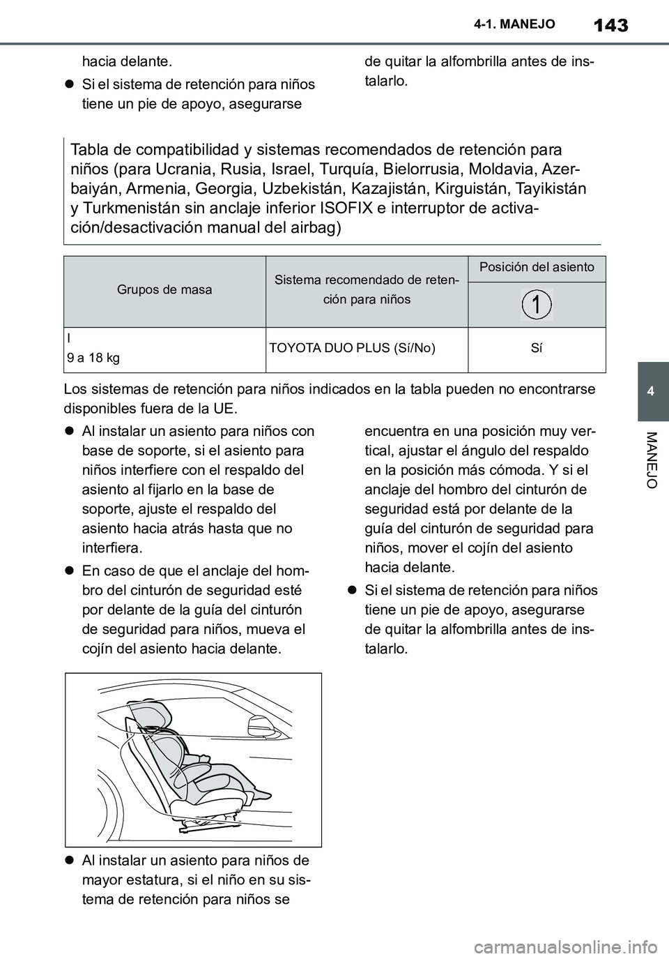 TOYOTA SUPRA 2020  Manuale de Empleo (in Spanish) 143
4
Supra Owners Manual_ES
4-1. MANEJO
MANEJO
hacia delante.
Si el sistema de retención para niños 
tiene un pie de apoyo, asegurarse de quitar la alfombrilla antes de ins-
talarlo.
Los sistem