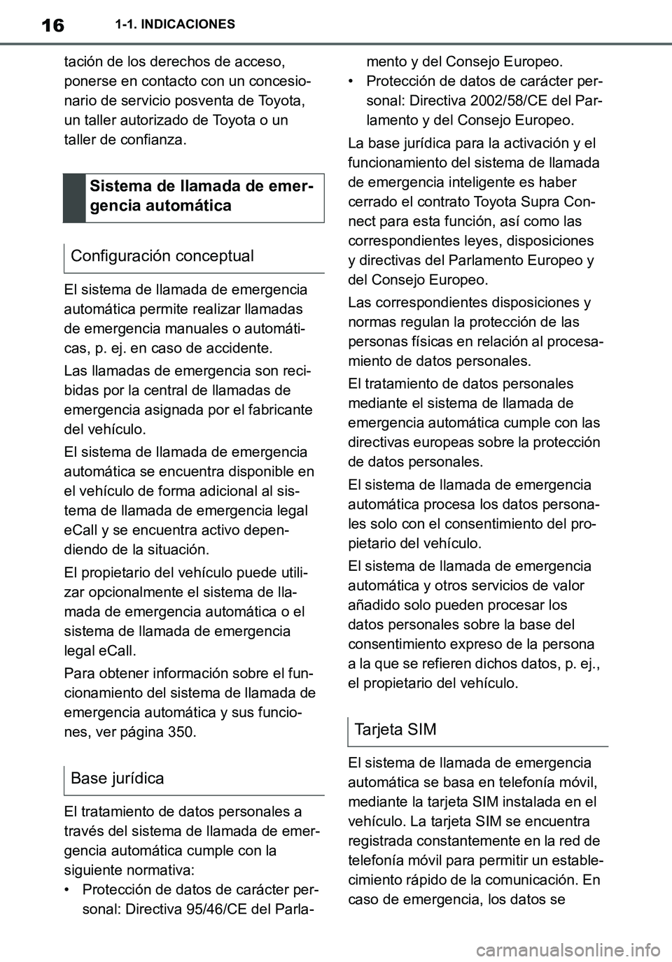TOYOTA SUPRA 2020  Manuale de Empleo (in Spanish) 16
Supra Owners Manual_ES
1-1. INDICACIONES
tación de los derechos de acceso, 
ponerse en contacto con un concesio-
nario de servicio posventa de Toyota, 
un taller autorizado de Toyota o un 
taller