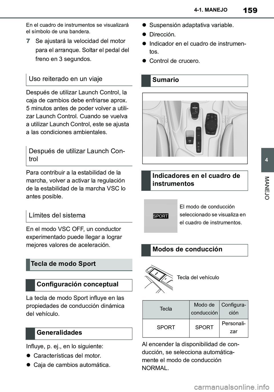 TOYOTA SUPRA 2020 Manuale de Empleo (in Spanish) 159
4
Supra Owners Manual_ES
4-1. MANEJO
MANEJO
En el cuadro de instrumentos se visualizará
el símbolo de una bandera.
7Se ajustará la velocidad del motor
para el arranque. Soltar el pedal del
TOYOTA SUPRA 2020 Manuale de Empleo (in Spanish) 159
4
Supra Owners Manual_ES
4-1. MANEJO
MANEJO
En el cuadro de instrumentos se visualizará
el símbolo de una bandera.
7Se ajustará la velocidad del motor
para el arranque. Soltar el pedal del