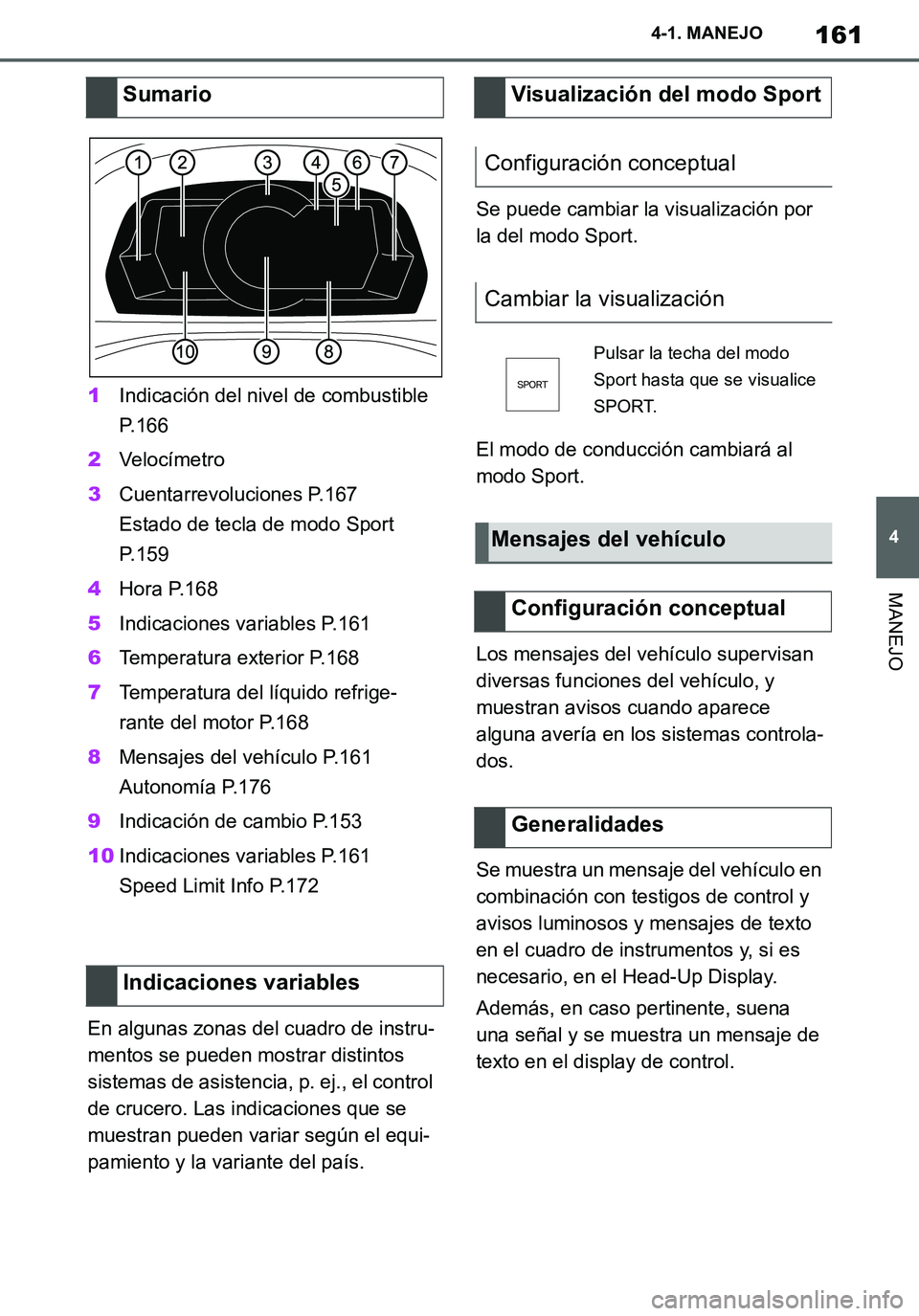 TOYOTA SUPRA 2020 Manuale de Empleo (in Spanish) 161
4
Supra Owners Manual_ES
4-1. MANEJO
MANEJO
1Indicación del nivel de combustible
P.166
2Ve lo cí m et r o
3Cuentarrevoluciones P.167
Estado de tecla de modo Sport
P.159
4Hora P.168
5Indicacio TOYOTA SUPRA 2020 Manuale de Empleo (in Spanish) 161
4
Supra Owners Manual_ES
4-1. MANEJO
MANEJO
1Indicación del nivel de combustible
P.166
2Ve lo cí m et r o
3Cuentarrevoluciones P.167
Estado de tecla de modo Sport
P.159
4Hora P.168
5Indicacio