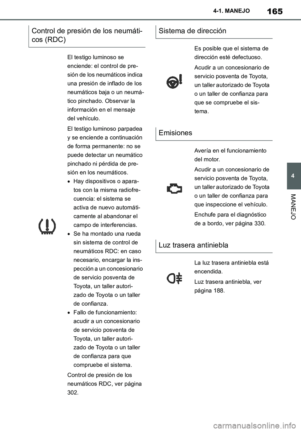 TOYOTA SUPRA 2020 Manuale de Empleo (in Spanish) 165
4
Supra Owners Manual_ES
4-1. MANEJO
MANEJO
Control de presión de los neumáti-
cos (RDC)
El testigo luminoso se
enciende: el control de pre-
sión de los neumáticos indica
una presión de in TOYOTA SUPRA 2020 Manuale de Empleo (in Spanish) 165
4
Supra Owners Manual_ES
4-1. MANEJO
MANEJO
Control de presión de los neumáti-
cos (RDC)
El testigo luminoso se
enciende: el control de pre-
sión de los neumáticos indica
una presión de in