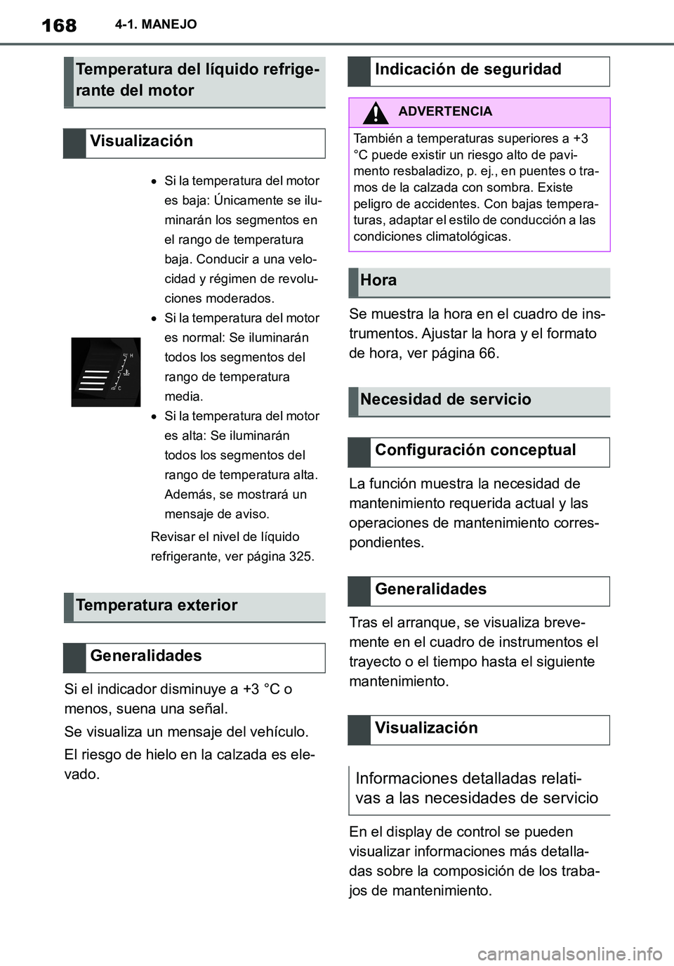 TOYOTA SUPRA 2020 Manuale de Empleo (in Spanish) 168
Supra Owners Manual_ES
4-1. MANEJO
Si el indicador disminuye a +3 °C o
menos, suena una señal.
Se visualiza un mensaje del vehículo.
El riesgo de hielo en la calzada es ele-
vado.Se muestra l TOYOTA SUPRA 2020 Manuale de Empleo (in Spanish) 168
Supra Owners Manual_ES
4-1. MANEJO
Si el indicador disminuye a +3 °C o
menos, suena una señal.
Se visualiza un mensaje del vehículo.
El riesgo de hielo en la calzada es ele-
vado.Se muestra l