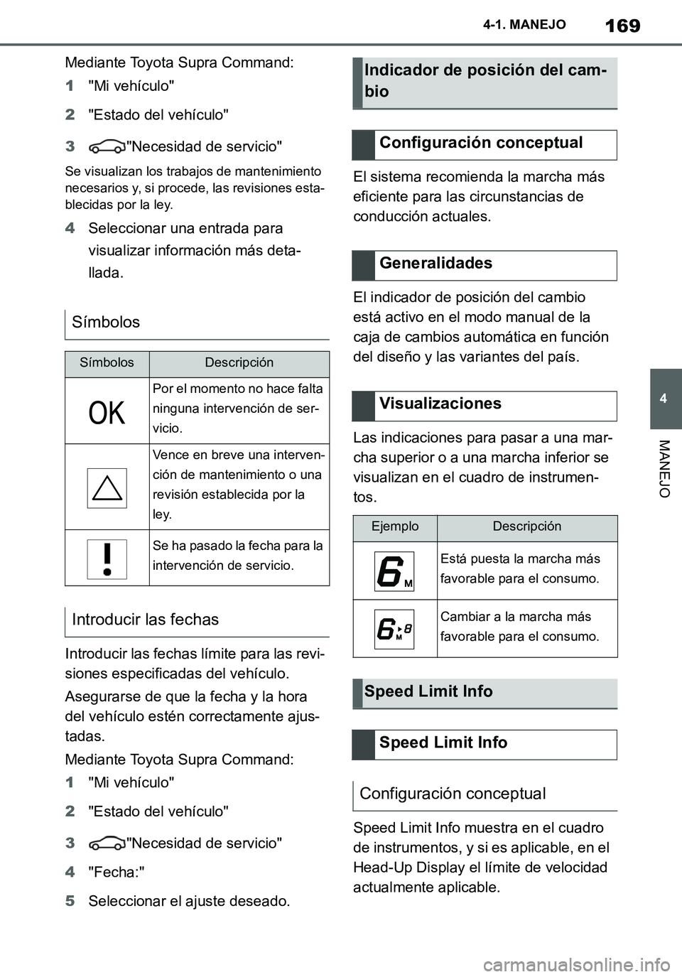 TOYOTA SUPRA 2020 Manuale de Empleo (in Spanish) 169
4
Supra Owners Manual_ES
4-1. MANEJO
MANEJO
Mediante Toyota Supra Command:
1"Mi vehículo"
2"Estado del vehículo"
3"Necesidad de servicio"
Se visualizan los trabajos de mantenimiento
necesarios TOYOTA SUPRA 2020 Manuale de Empleo (in Spanish) 169
4
Supra Owners Manual_ES
4-1. MANEJO
MANEJO
Mediante Toyota Supra Command:
1"Mi vehículo"
2"Estado del vehículo"
3"Necesidad de servicio"
Se visualizan los trabajos de mantenimiento
necesarios
