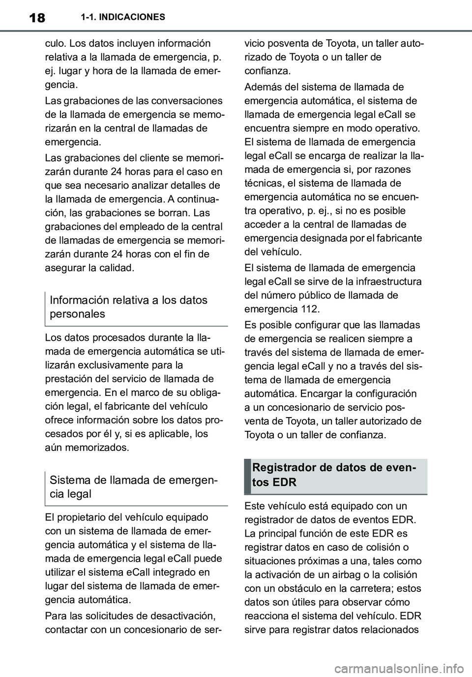 TOYOTA SUPRA 2020  Manuale de Empleo (in Spanish) 18
Supra Owners Manual_ES
1-1. INDICACIONES
culo. Los datos incluyen información 
relativa a la llamada de emergencia, p. 
ej. lugar y hora de la llamada de emer-
gencia.
Las grabaciones de las conv