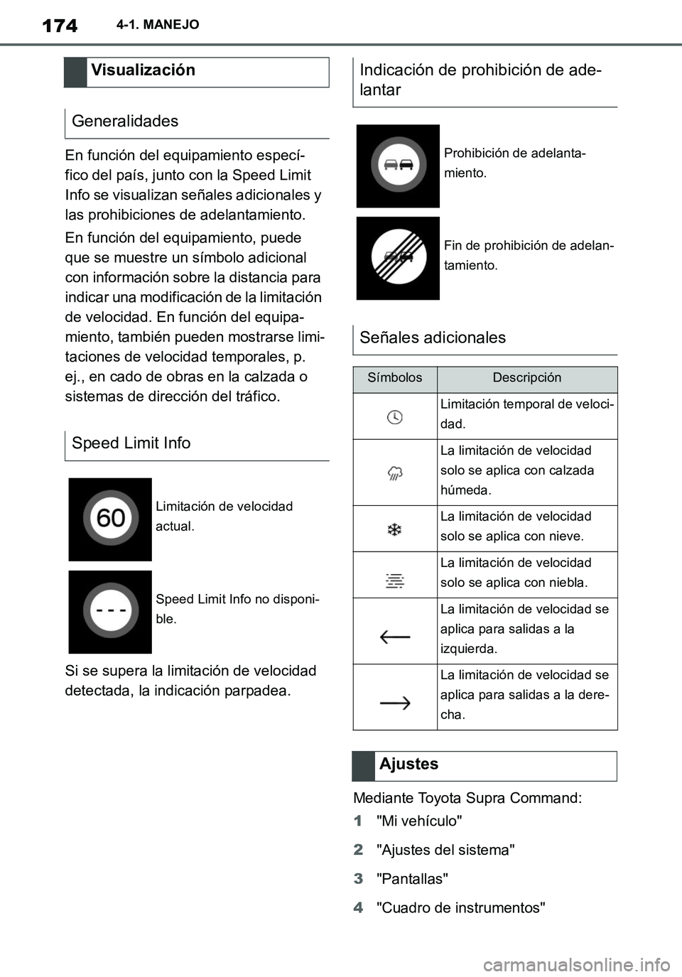 TOYOTA SUPRA 2020 Manuale de Empleo (in Spanish) 174
Supra Owners Manual_ES
4-1. MANEJO
En función del equipamiento especí-
fico del país, junto con la Speed Limit
Info se visualizan señales adicionales y
las prohibiciones de adelantamiento.
TOYOTA SUPRA 2020 Manuale de Empleo (in Spanish) 174
Supra Owners Manual_ES
4-1. MANEJO
En función del equipamiento especí-
fico del país, junto con la Speed Limit
Info se visualizan señales adicionales y
las prohibiciones de adelantamiento.