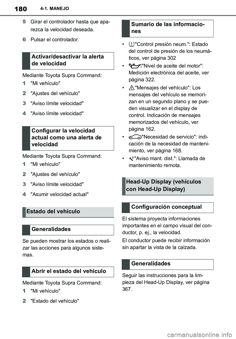 TOYOTA SUPRA 2020 Manuale de Empleo (in Spanish) 180
Supra Owners Manual_ES
4-1. MANEJO
5Girar el controlador hasta que apa-
rezca la velocidad deseada.
6Pulsar el controlador.
Mediante Toyota Supra Command:
1"Mi vehículo"
2"Ajustes del vehículo" TOYOTA SUPRA 2020 Manuale de Empleo (in Spanish) 180
Supra Owners Manual_ES
4-1. MANEJO
5Girar el controlador hasta que apa-
rezca la velocidad deseada.
6Pulsar el controlador.
Mediante Toyota Supra Command:
1"Mi vehículo"
2"Ajustes del vehículo"