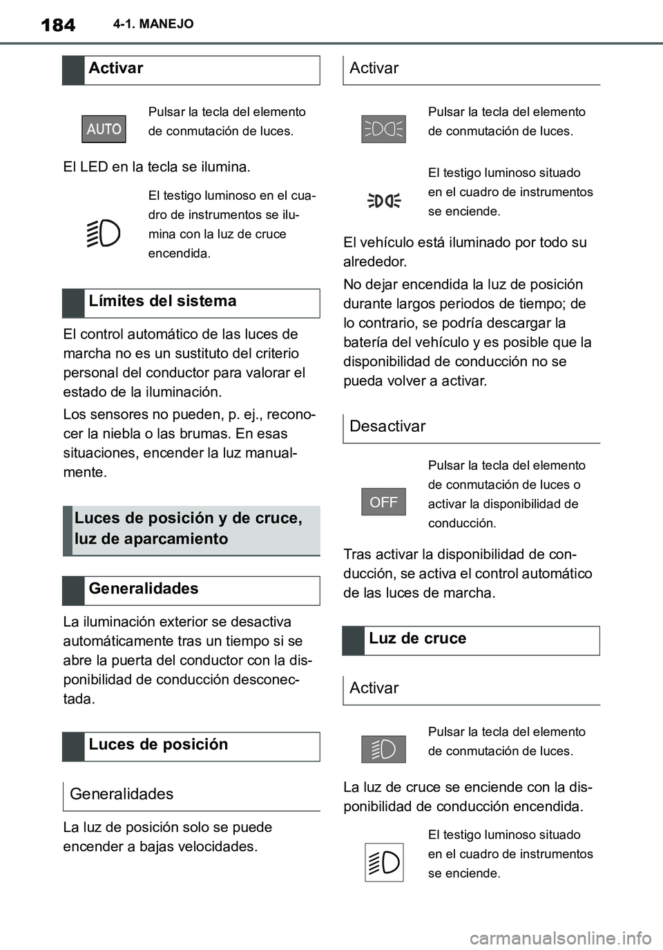 TOYOTA SUPRA 2020 Manuale de Empleo (in Spanish) 184
Supra Owners Manual_ES
4-1. MANEJO
El LED en la tecla se ilumina.
El control automático de las luces de
marcha no es un sustituto del criterio
personal del conductor para valorar el
estado de TOYOTA SUPRA 2020 Manuale de Empleo (in Spanish) 184
Supra Owners Manual_ES
4-1. MANEJO
El LED en la tecla se ilumina.
El control automático de las luces de
marcha no es un sustituto del criterio
personal del conductor para valorar el
estado de