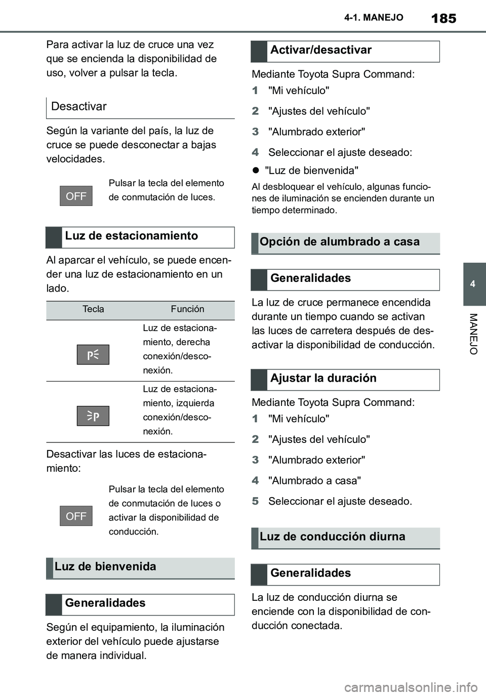 TOYOTA SUPRA 2020 Manuale de Empleo (in Spanish) 185
4
Supra Owners Manual_ES
4-1. MANEJO
MANEJO
Para activar la luz de cruce una vez
que se encienda la disponibilidad de
uso, volver a pulsar la tecla.
Según la variante del país, la luz de
cru TOYOTA SUPRA 2020 Manuale de Empleo (in Spanish) 185
4
Supra Owners Manual_ES
4-1. MANEJO
MANEJO
Para activar la luz de cruce una vez
que se encienda la disponibilidad de
uso, volver a pulsar la tecla.
Según la variante del país, la luz de
cru