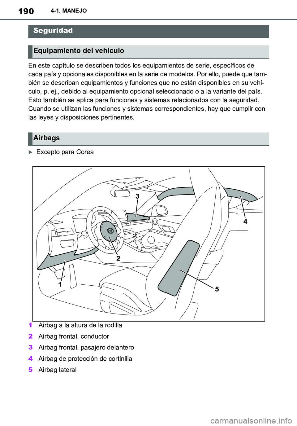 TOYOTA SUPRA 2020 Manuale de Empleo (in Spanish) 190
Supra Owners Manual_ES
4-1. MANEJO
En este capítulo se describen todos los equipamientos de serie, específicos de
cada país y opcionales disponibles en la serie de modelos. Por ello, puede qu TOYOTA SUPRA 2020 Manuale de Empleo (in Spanish) 190
Supra Owners Manual_ES
4-1. MANEJO
En este capítulo se describen todos los equipamientos de serie, específicos de
cada país y opcionales disponibles en la serie de modelos. Por ello, puede qu