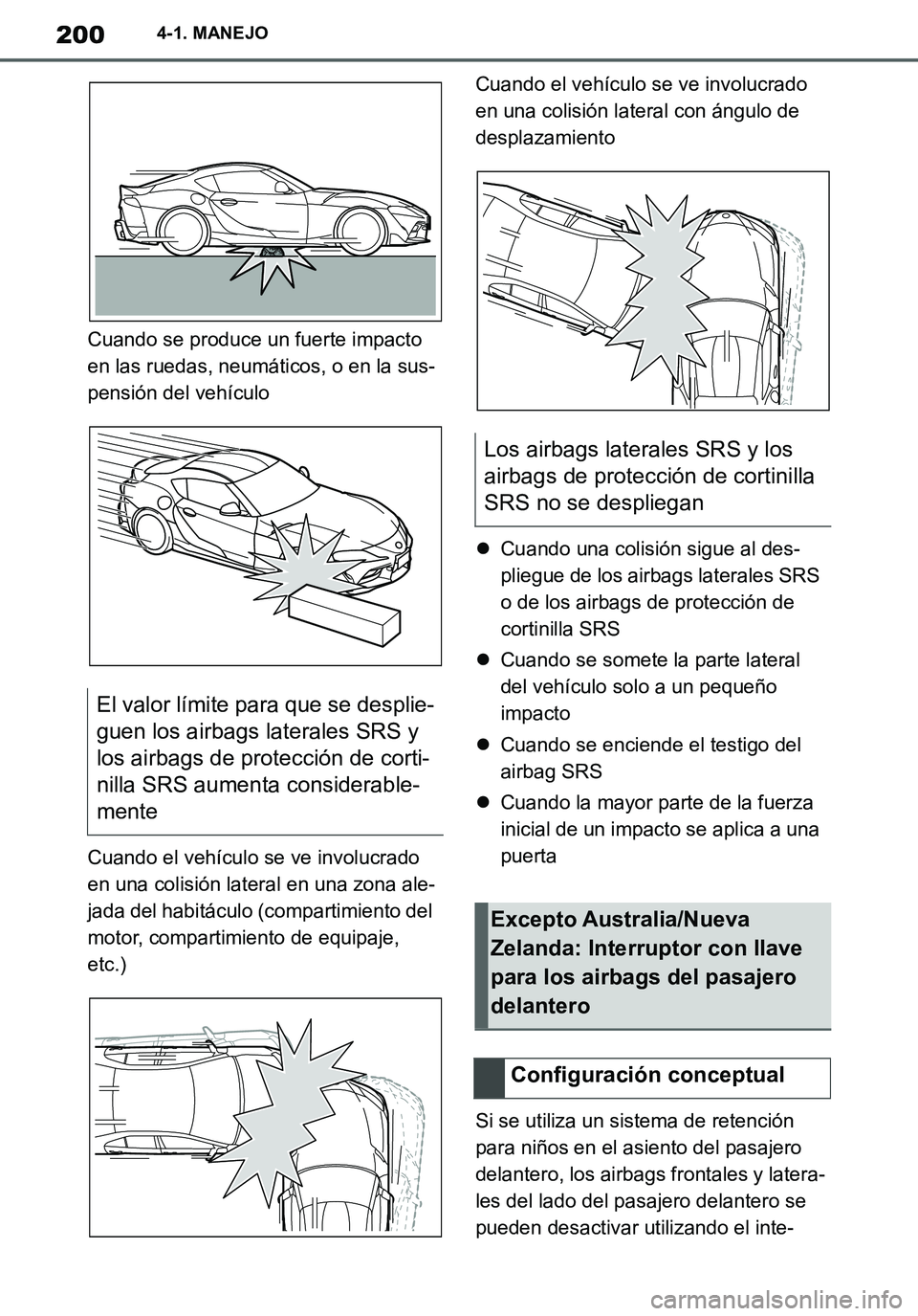 TOYOTA SUPRA 2020 Manuale de Empleo (in Spanish) 200
Supra Owners Manual_ES
4-1. MANEJO
Cuando se produce un fuerte impacto
en las ruedas, neumáticos, o en la sus-
pensión del vehículo
Cuando el vehículo se ve involucrado
en una colisión lat TOYOTA SUPRA 2020 Manuale de Empleo (in Spanish) 200
Supra Owners Manual_ES
4-1. MANEJO
Cuando se produce un fuerte impacto
en las ruedas, neumáticos, o en la sus-
pensión del vehículo
Cuando el vehículo se ve involucrado
en una colisión lat
