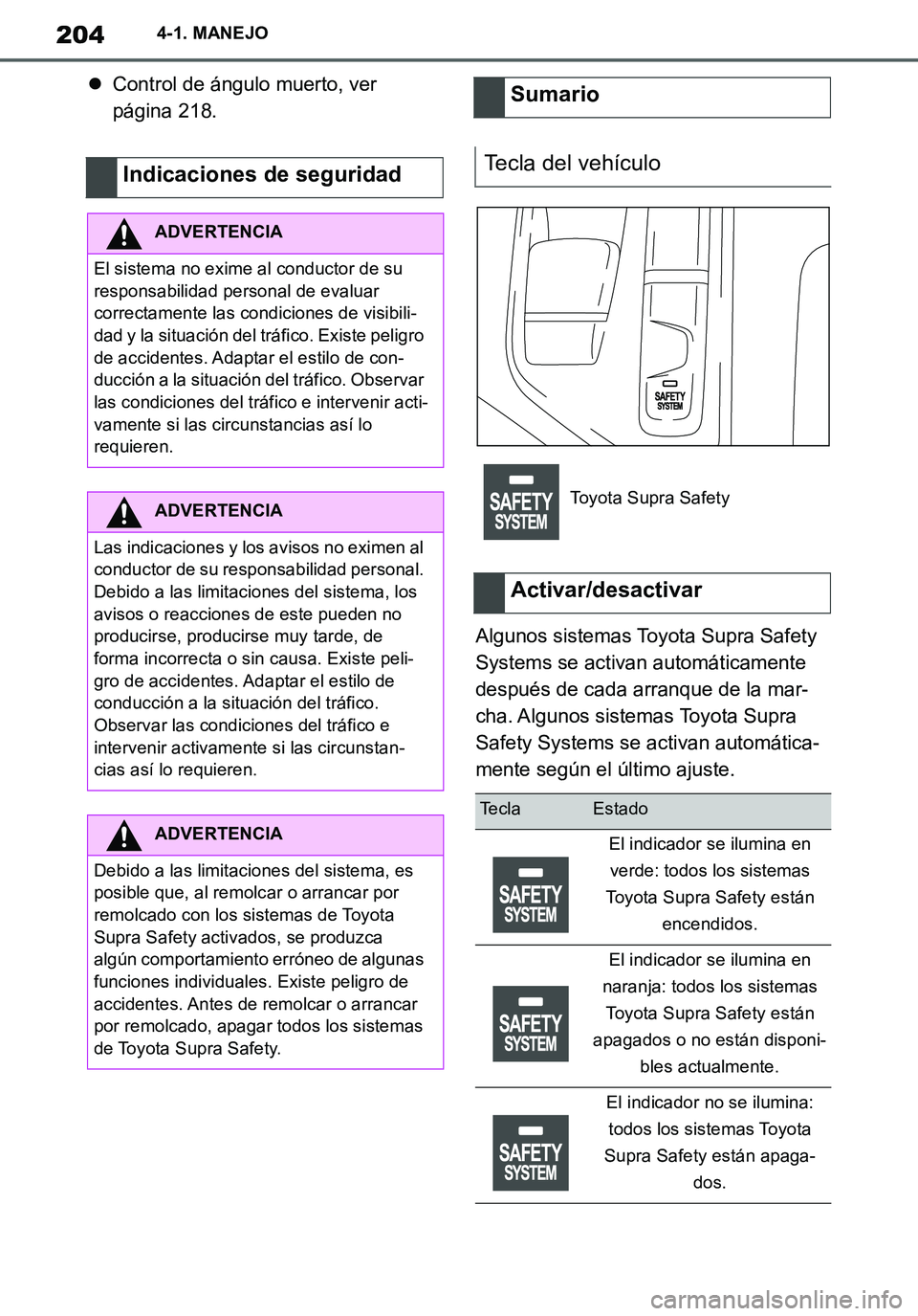 TOYOTA SUPRA 2020 Manuale de Empleo (in Spanish) 204
Supra Owners Manual_ES
4-1. MANEJO
Control de ángulo muerto, ver
página 218.
Algunos sistemas Toyota Supra Safety
Systems se activan automáticamente
después de cada arranque de la mar-
TOYOTA SUPRA 2020 Manuale de Empleo (in Spanish) 204
Supra Owners Manual_ES
4-1. MANEJO
Control de ángulo muerto, ver
página 218.
Algunos sistemas Toyota Supra Safety
Systems se activan automáticamente
después de cada arranque de la mar-