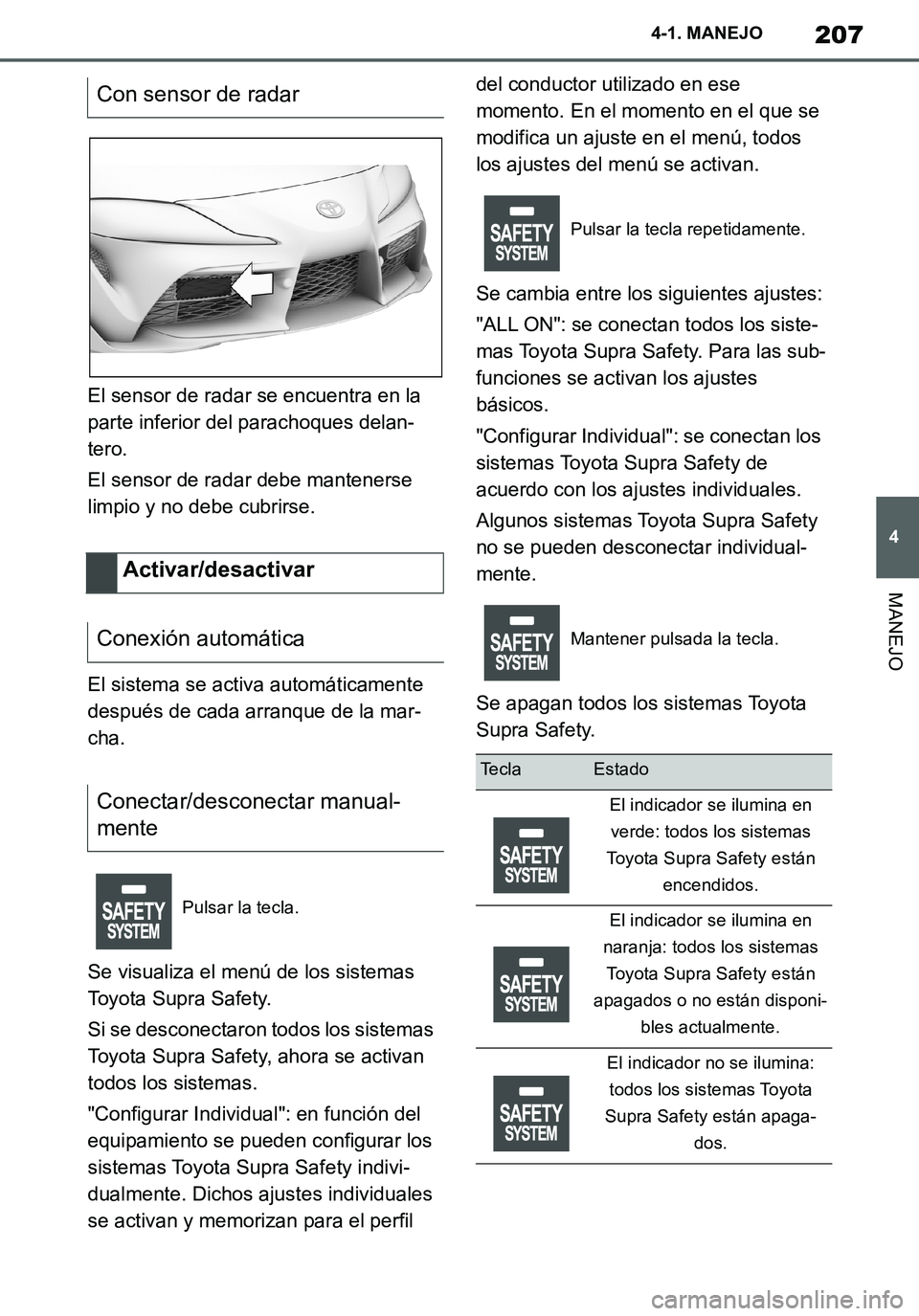 TOYOTA SUPRA 2020 Manuale de Empleo (in Spanish) 207
4
Supra Owners Manual_ES
4-1. MANEJO
MANEJO
El sensor de radar se encuentra en la
parte inferior del parachoques delan-
tero.
El sensor de radar debe mantenerse
limpio y no debe cubrirse.
El si TOYOTA SUPRA 2020 Manuale de Empleo (in Spanish) 207
4
Supra Owners Manual_ES
4-1. MANEJO
MANEJO
El sensor de radar se encuentra en la
parte inferior del parachoques delan-
tero.
El sensor de radar debe mantenerse
limpio y no debe cubrirse.
El si