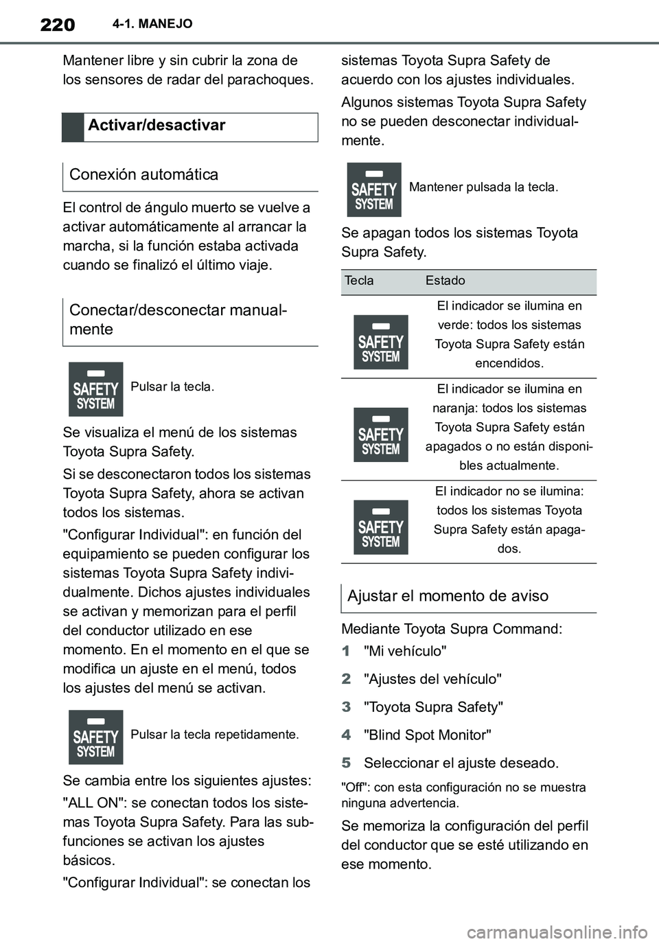 TOYOTA SUPRA 2020 Manuale de Empleo (in Spanish) 220
Supra Owners Manual_ES
4-1. MANEJO
Mantener libre y sin cubrir la zona de
los sensores de radar del parachoques.
El control de ángulo muerto se vuelve a
activar automáticamente al arrancar la TOYOTA SUPRA 2020 Manuale de Empleo (in Spanish) 220
Supra Owners Manual_ES
4-1. MANEJO
Mantener libre y sin cubrir la zona de
los sensores de radar del parachoques.
El control de ángulo muerto se vuelve a
activar automáticamente al arrancar la