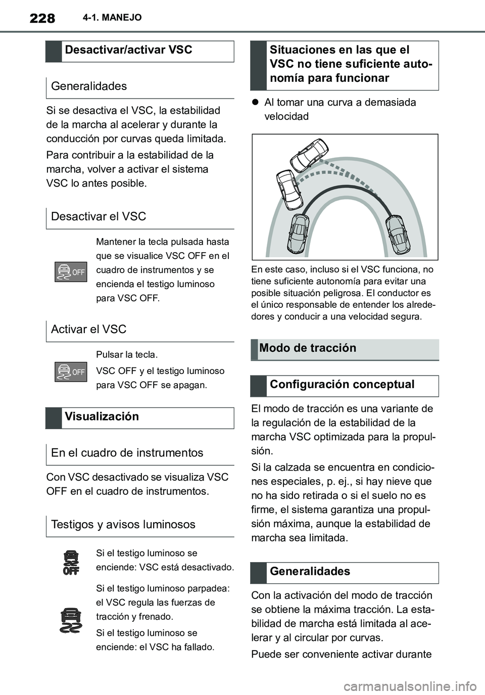 TOYOTA SUPRA 2020 Manuale de Empleo (in Spanish) 228
Supra Owners Manual_ES
4-1. MANEJO
Si se desactiva el VSC, la estabilidad
de la marcha al acelerar y durante la
conducción por curvas queda limitada.
Para contribuir a la estabilidad de la
ma TOYOTA SUPRA 2020 Manuale de Empleo (in Spanish) 228
Supra Owners Manual_ES
4-1. MANEJO
Si se desactiva el VSC, la estabilidad
de la marcha al acelerar y durante la
conducción por curvas queda limitada.
Para contribuir a la estabilidad de la
ma