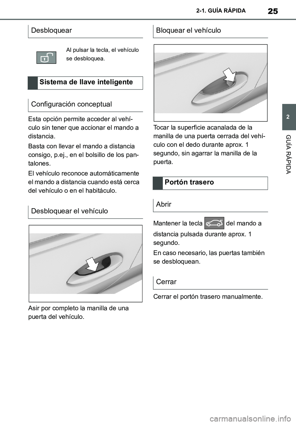 TOYOTA SUPRA 2020  Manuale de Empleo (in Spanish) 25
2
Supra Owners Manual_ES
2-1. GUÍA RÁPIDA
GUÍA RÁPIDA
Esta opción permite acceder al vehí-
culo sin tener que accionar el mando a 
distancia.
Basta con llevar el mando a distancia 
consigo, 