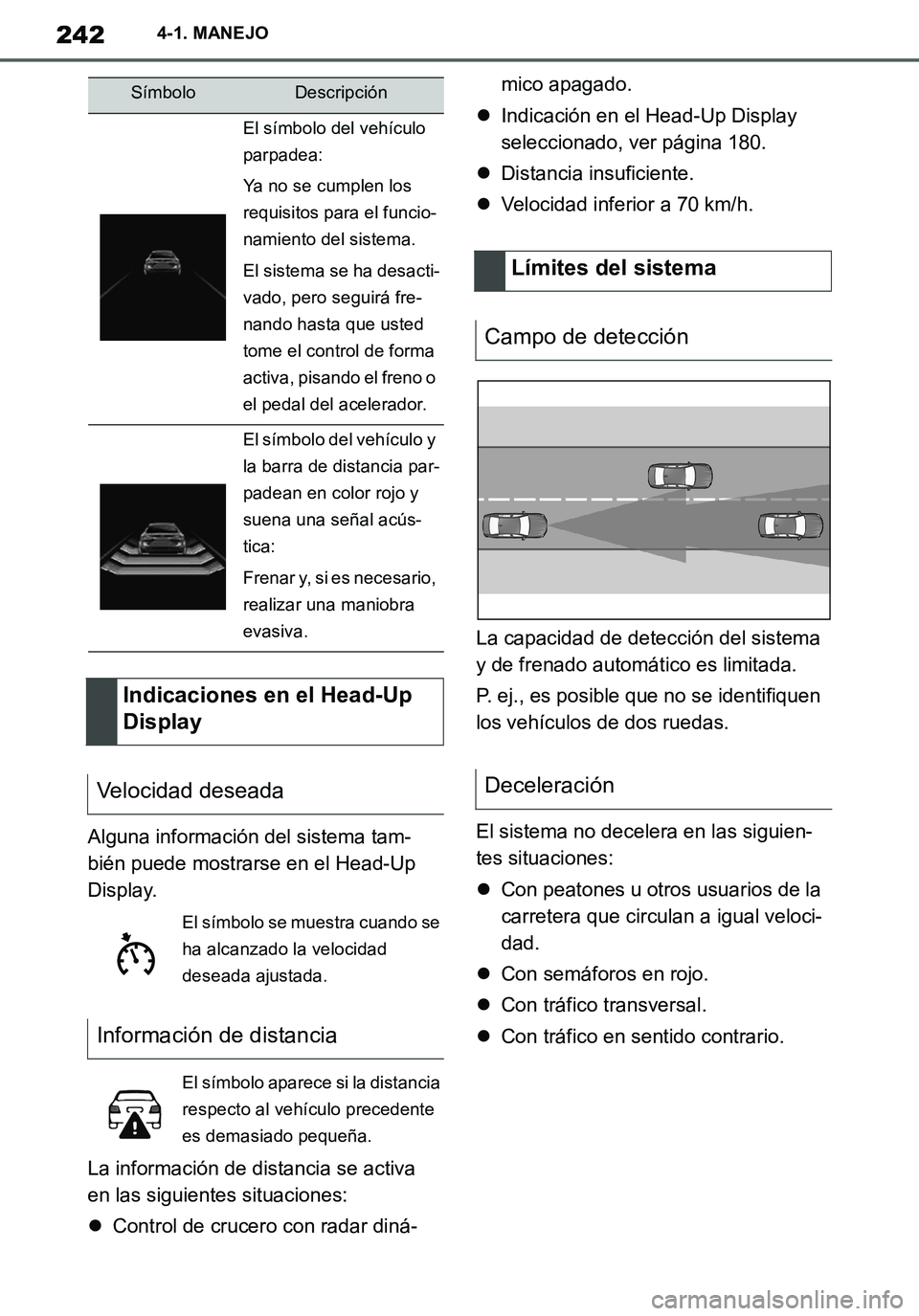 TOYOTA SUPRA 2020 Manuale de Empleo (in Spanish) 242
Supra Owners Manual_ES
4-1. MANEJO
Alguna información del sistema tam-
bién puede mostrarse en el Head-Up
Display.
La información de distancia se activa
en las siguientes situaciones:
Con TOYOTA SUPRA 2020 Manuale de Empleo (in Spanish) 242
Supra Owners Manual_ES
4-1. MANEJO
Alguna información del sistema tam-
bién puede mostrarse en el Head-Up
Display.
La información de distancia se activa
en las siguientes situaciones:
Con