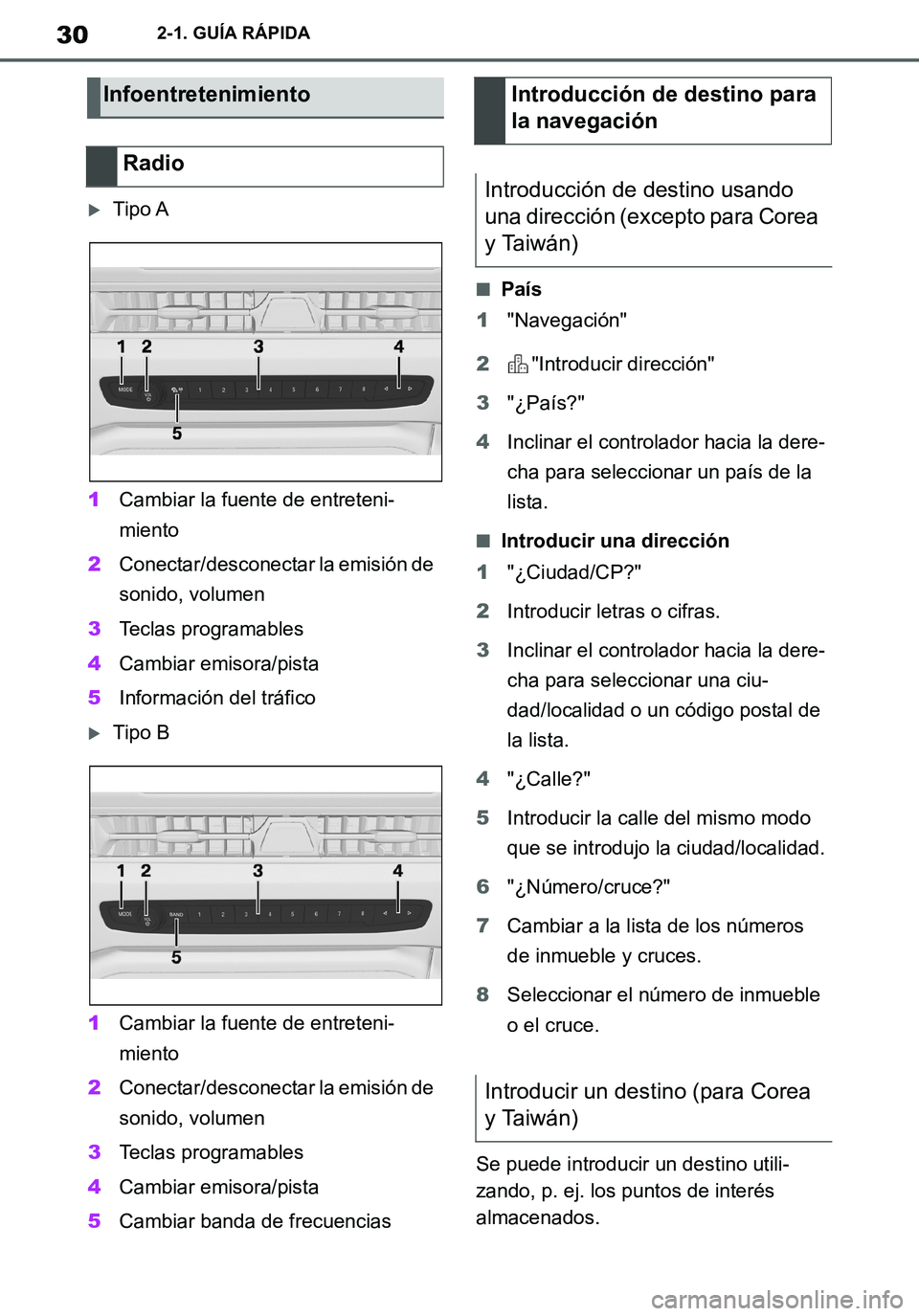 TOYOTA SUPRA 2020  Manuale de Empleo (in Spanish) 30
Supra Owners Manual_ES
2-1. GUÍA RÁPIDA
Tipo A
1Cambiar la fuente de entreteni-
miento
2Conectar/desconectar la emisión de 
sonido, volumen
3Teclas programables
4Cambiar emisora/pista
5Infor