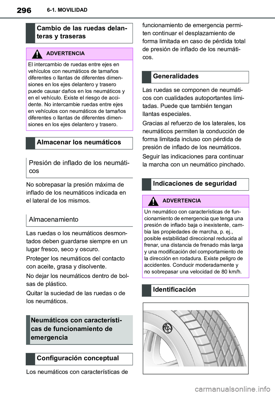 TOYOTA SUPRA 2020 Manuale de Empleo (in Spanish) 296
Supra Owners Manual_ES
6-1. MOVILIDAD
No sobrepasar la presión máxima de
inflado de los neumáticos indicada en
el lateral de los mismos.
Las ruedas o los neumáticos desmon-
tados deben guar TOYOTA SUPRA 2020 Manuale de Empleo (in Spanish) 296
Supra Owners Manual_ES
6-1. MOVILIDAD
No sobrepasar la presión máxima de
inflado de los neumáticos indicada en
el lateral de los mismos.
Las ruedas o los neumáticos desmon-
tados deben guar