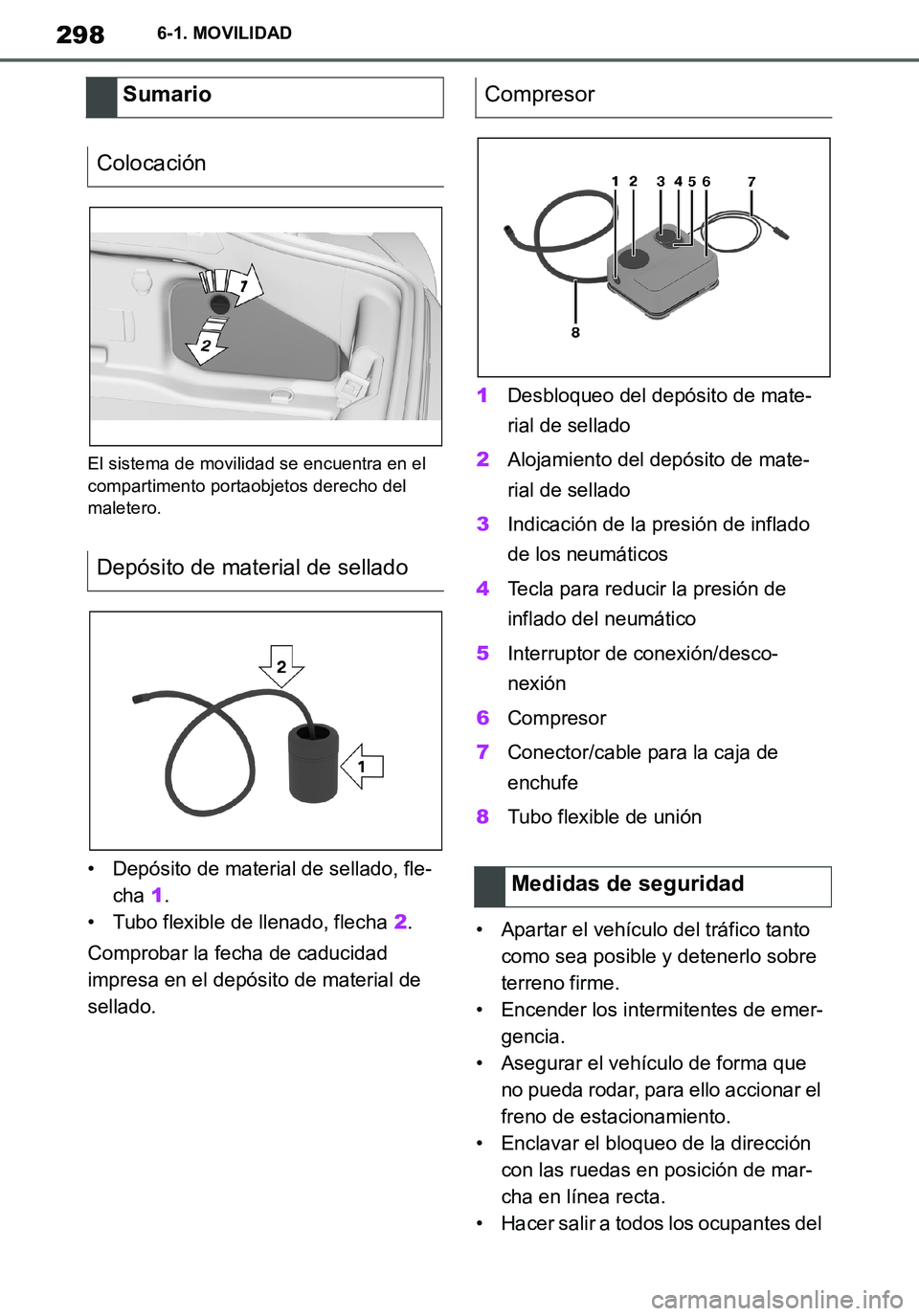 TOYOTA SUPRA 2020 Manuale de Empleo (in Spanish) 298
Supra Owners Manual_ES
6-1. MOVILIDAD
El sistema de movilidad se encuentra en el
compartimento portaobjetos derecho del
maletero.
• Depósito de material de sellado, fle-
cha 1.
• Tubo flex TOYOTA SUPRA 2020 Manuale de Empleo (in Spanish) 298
Supra Owners Manual_ES
6-1. MOVILIDAD
El sistema de movilidad se encuentra en el
compartimento portaobjetos derecho del
maletero.
• Depósito de material de sellado, fle-
cha 1.
• Tubo flex