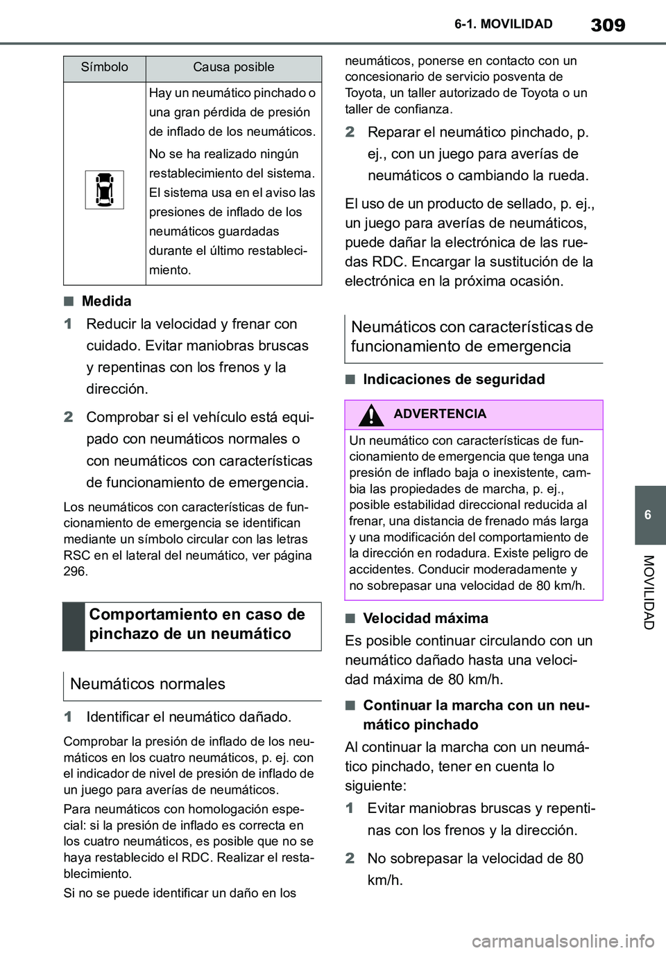 TOYOTA SUPRA 2020 Manuale de Empleo (in Spanish) 309
6
Supra Owners Manual_ES
6-1. MOVILIDAD
MOVILIDAD
■Medida
1Reducir la velocidad y frenar con
cuidado. Evitar maniobras bruscas
y repentinas con los frenos y la
dirección.
2Comprobar si el v TOYOTA SUPRA 2020 Manuale de Empleo (in Spanish) 309
6
Supra Owners Manual_ES
6-1. MOVILIDAD
MOVILIDAD
■Medida
1Reducir la velocidad y frenar con
cuidado. Evitar maniobras bruscas
y repentinas con los frenos y la
dirección.
2Comprobar si el v