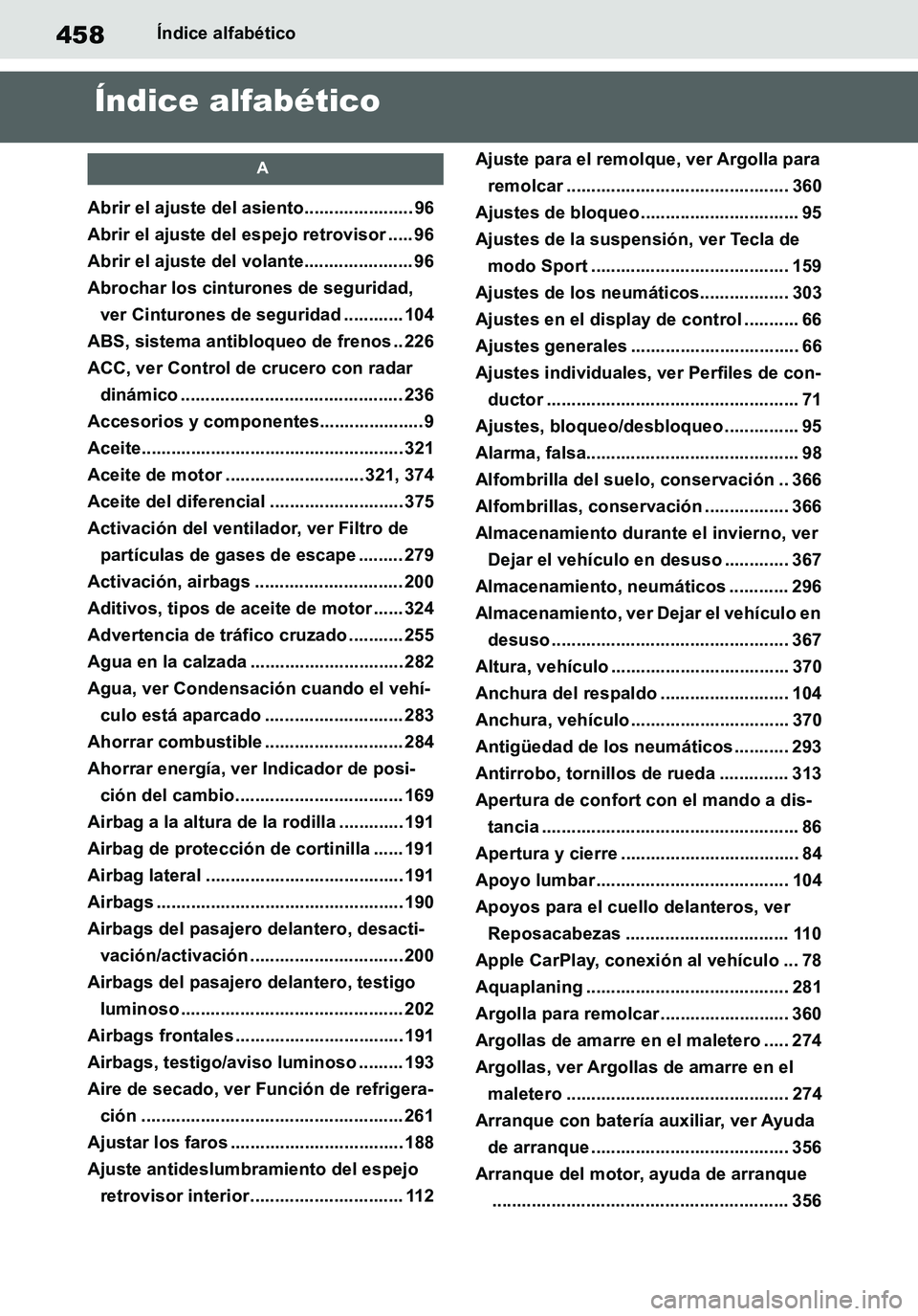 TOYOTA SUPRA 2020 Manuale de Empleo (in Spanish) 458
Supra Owners Manual_ES
Índice alfabético
Índice alfabético
A
Abrir el ajuste del asiento...................... 96
Abrir el ajuste del espejo retrovisor ..... 96
Abrir el ajuste del volante... TOYOTA SUPRA 2020 Manuale de Empleo (in Spanish) 458
Supra Owners Manual_ES
Índice alfabético
Índice alfabético
A
Abrir el ajuste del asiento...................... 96
Abrir el ajuste del espejo retrovisor ..... 96
Abrir el ajuste del volante...