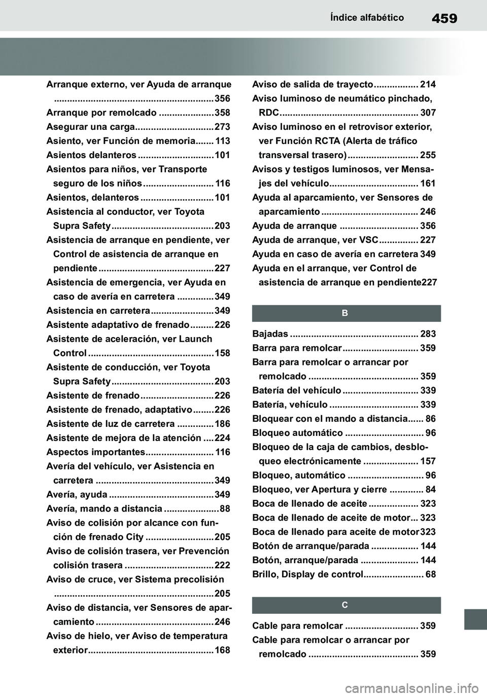 TOYOTA SUPRA 2020 Manuale de Empleo (in Spanish) 459
Supra Owners Manual_ES
Índice alfabético
Arranque externo, ver Ayuda de arranque
............................................................. 356
Arranque por remolcado ..................... 3 TOYOTA SUPRA 2020 Manuale de Empleo (in Spanish) 459
Supra Owners Manual_ES
Índice alfabético
Arranque externo, ver Ayuda de arranque
............................................................. 356
Arranque por remolcado ..................... 3