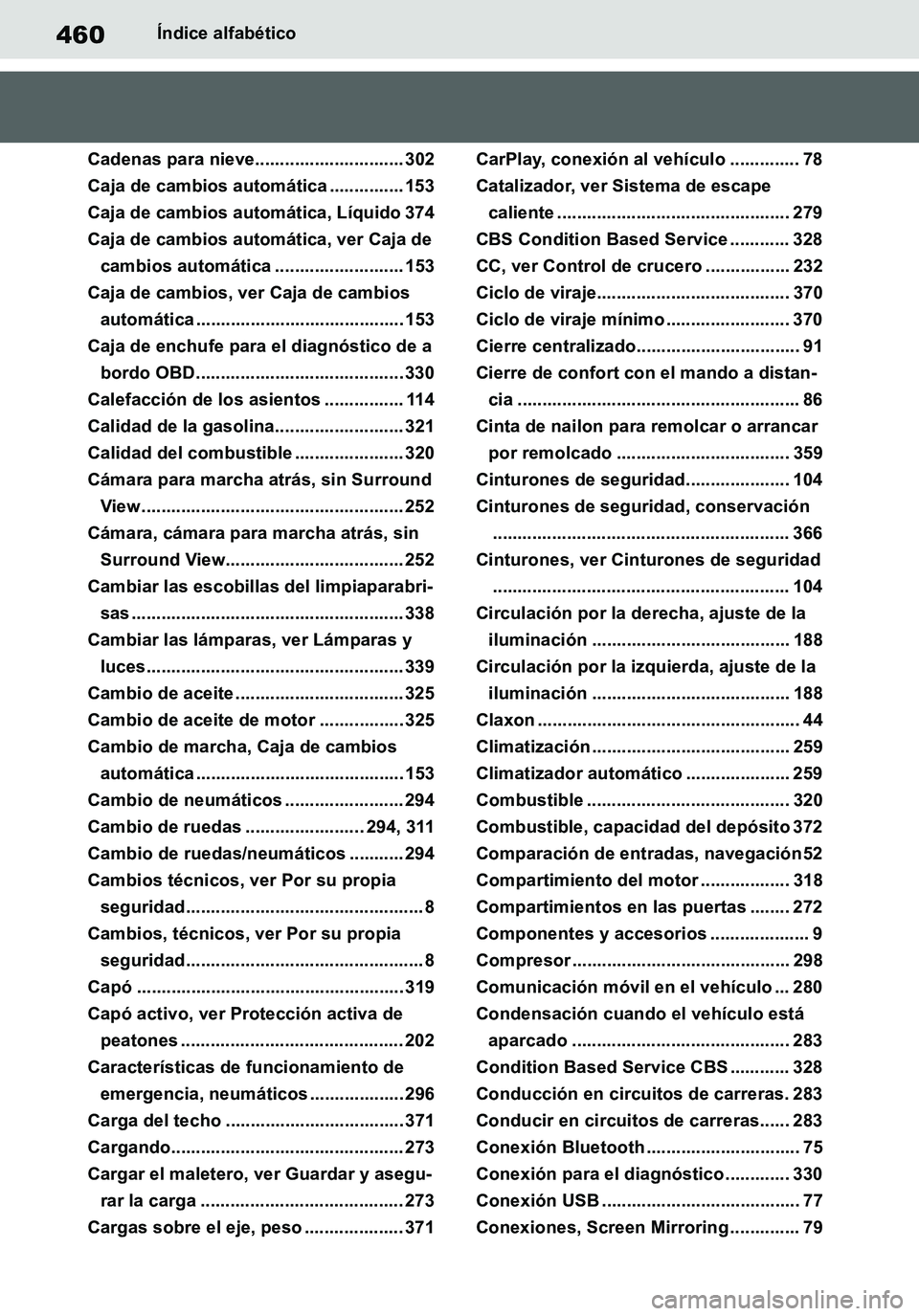 TOYOTA SUPRA 2020 Manuale de Empleo (in Spanish) 460
Supra Owners Manual_ES
Índice alfabético
Cadenas para nieve.............................. 302
Caja de cambios automática ............... 153
Caja de cambios automática, Líquido 374
Caja de c TOYOTA SUPRA 2020 Manuale de Empleo (in Spanish) 460
Supra Owners Manual_ES
Índice alfabético
Cadenas para nieve.............................. 302
Caja de cambios automática ............... 153
Caja de cambios automática, Líquido 374
Caja de c