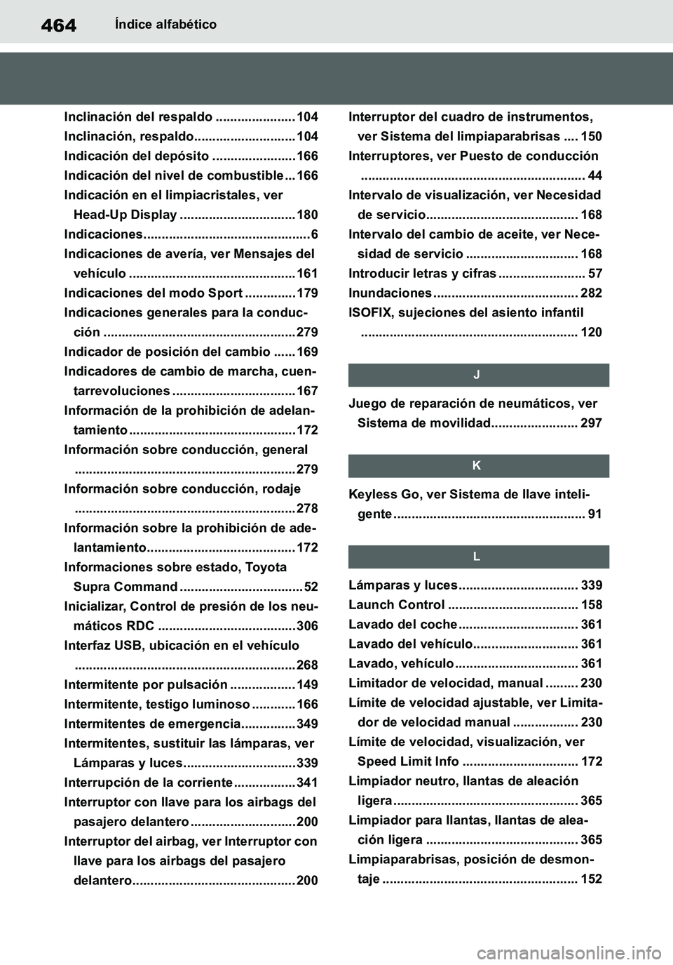 TOYOTA SUPRA 2020 Manuale de Empleo (in Spanish) 464
Supra Owners Manual_ES
Índice alfabético
Inclinación del respaldo ...................... 104
Inclinación, respaldo............................ 104
Indicación del depósito .................. TOYOTA SUPRA 2020 Manuale de Empleo (in Spanish) 464
Supra Owners Manual_ES
Índice alfabético
Inclinación del respaldo ...................... 104
Inclinación, respaldo............................ 104
Indicación del depósito ..................
