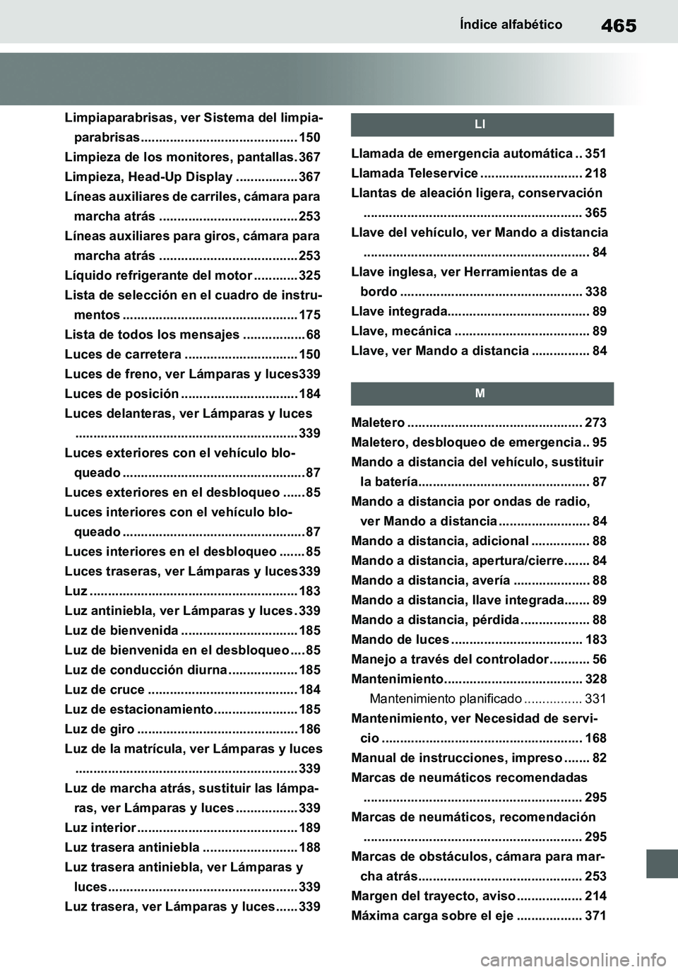 TOYOTA SUPRA 2020 Manuale de Empleo (in Spanish) 465
Supra Owners Manual_ES
Índice alfabético
Limpiaparabrisas, ver Sistema del limpia-
parabrisas........................................... 150
Limpieza de los monitores, pantallas. 367
Limpieza, TOYOTA SUPRA 2020 Manuale de Empleo (in Spanish) 465
Supra Owners Manual_ES
Índice alfabético
Limpiaparabrisas, ver Sistema del limpia-
parabrisas........................................... 150
Limpieza de los monitores, pantallas. 367
Limpieza,