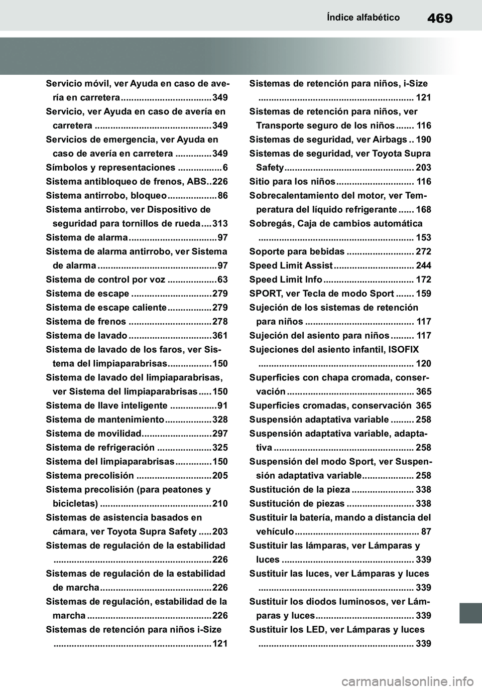 TOYOTA SUPRA 2020 Manuale de Empleo (in Spanish) 469
Supra Owners Manual_ES
Índice alfabético
Servicio móvil, ver Ayuda en caso de ave-
ría en carretera ................................... 349
Servicio, ver Ayuda en caso de avería en
carreter TOYOTA SUPRA 2020 Manuale de Empleo (in Spanish) 469
Supra Owners Manual_ES
Índice alfabético
Servicio móvil, ver Ayuda en caso de ave-
ría en carretera ................................... 349
Servicio, ver Ayuda en caso de avería en
carreter