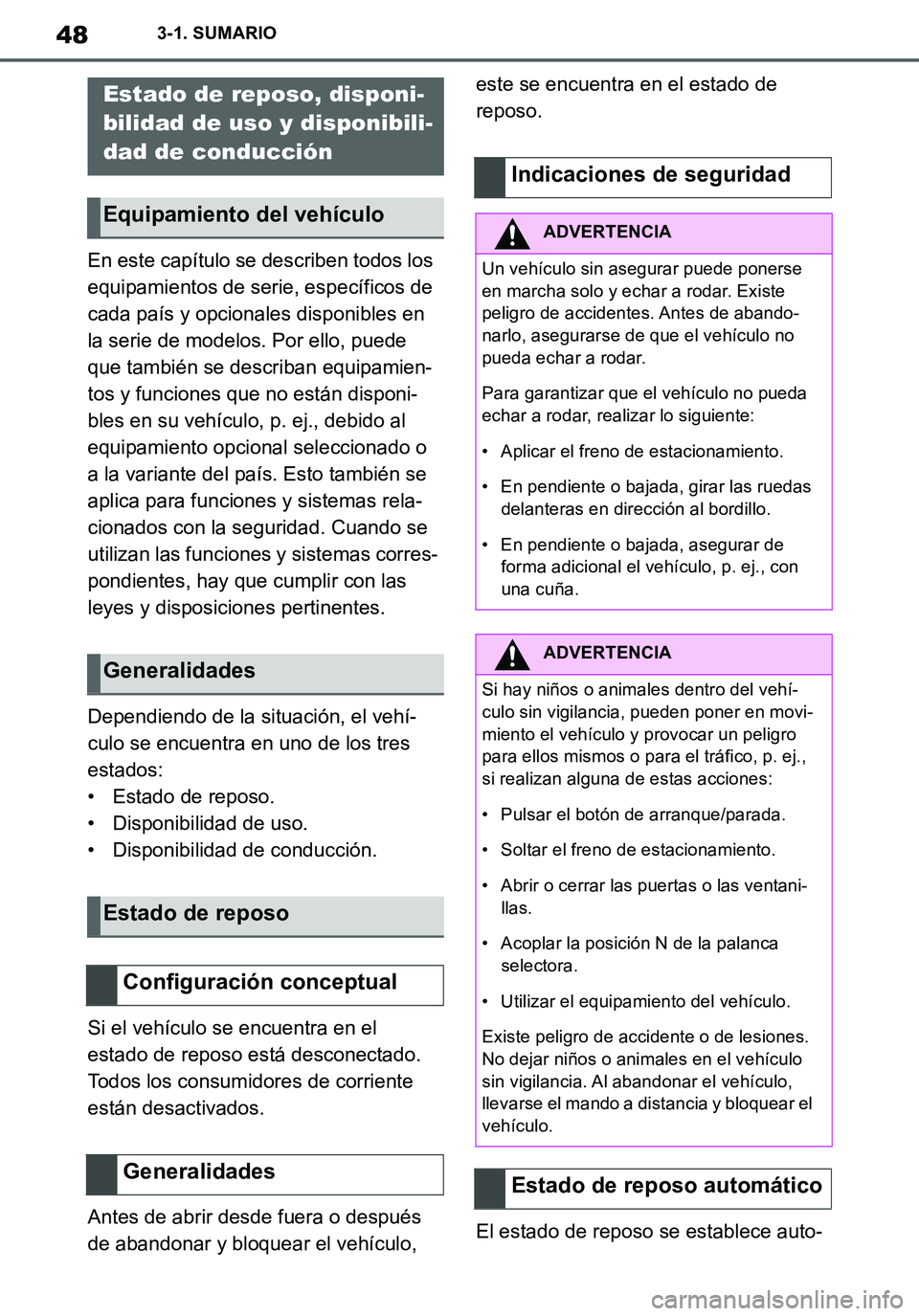 TOYOTA SUPRA 2020  Manuale de Empleo (in Spanish) 48
Supra Owners Manual_ES
3-1. SUMARIO
En este capítulo se describen todos los 
equipamientos de serie, específicos de 
cada país y opcionales disponibles en 
la serie de modelos. Por ello, puede 
