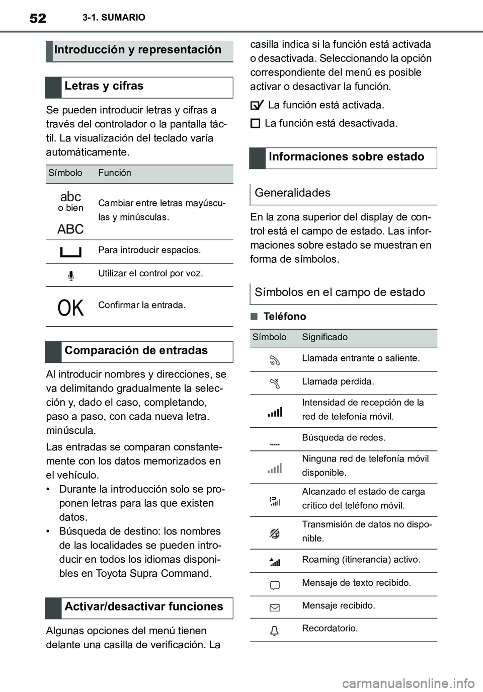 TOYOTA SUPRA 2020 Manuale de Empleo (in Spanish) 52
Supra Owners Manual_ES
3-1. SUMARIO
Se pueden introducir letras y cifras a
través del controlador o la pantalla tác-
til. La visualización del teclado varía
automáticamente.
Al introducir n TOYOTA SUPRA 2020 Manuale de Empleo (in Spanish) 52
Supra Owners Manual_ES
3-1. SUMARIO
Se pueden introducir letras y cifras a
través del controlador o la pantalla tác-
til. La visualización del teclado varía
automáticamente.
Al introducir n