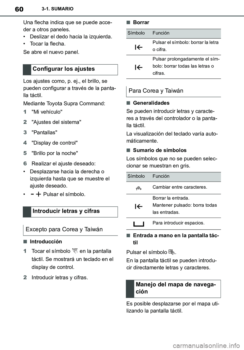TOYOTA SUPRA 2020 Manuale de Empleo (in Spanish) 60
Supra Owners Manual_ES
3-1. SUMARIO
Una flecha indica que se puede acce-
der a otros paneles.
• Deslizar el dedo hacia la izquierda.
• Tocar la flecha.
Se abre el nuevo panel.
Los ajustes como TOYOTA SUPRA 2020 Manuale de Empleo (in Spanish) 60
Supra Owners Manual_ES
3-1. SUMARIO
Una flecha indica que se puede acce-
der a otros paneles.
• Deslizar el dedo hacia la izquierda.
• Tocar la flecha.
Se abre el nuevo panel.
Los ajustes como