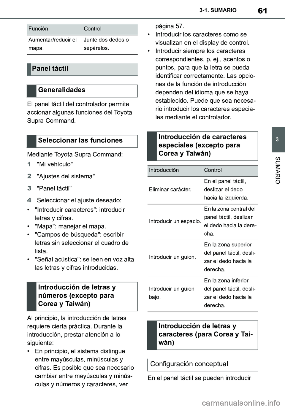 TOYOTA SUPRA 2020 Manuale de Empleo (in Spanish) 61
3
Supra Owners Manual_ES
3-1. SUMARIO
SUMARIO
El panel táctil del controlador permite
accionar algunas funciones del Toyota
Supra Command.
Mediante Toyota Supra Command:
1"Mi vehículo"
2"Ajust TOYOTA SUPRA 2020 Manuale de Empleo (in Spanish) 61
3
Supra Owners Manual_ES
3-1. SUMARIO
SUMARIO
El panel táctil del controlador permite
accionar algunas funciones del Toyota
Supra Command.
Mediante Toyota Supra Command:
1"Mi vehículo"
2"Ajust