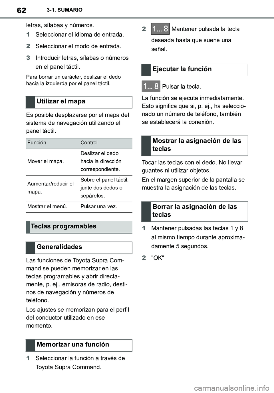 TOYOTA SUPRA 2020 Manuale de Empleo (in Spanish) 62
Supra Owners Manual_ES
3-1. SUMARIO
letras, sílabas y números.
1Seleccionar el idioma de entrada.
2Seleccionar el modo de entrada.
3Introducir letras, sílabas o números
en el panel táctil.
P TOYOTA SUPRA 2020 Manuale de Empleo (in Spanish) 62
Supra Owners Manual_ES
3-1. SUMARIO
letras, sílabas y números.
1Seleccionar el idioma de entrada.
2Seleccionar el modo de entrada.
3Introducir letras, sílabas o números
en el panel táctil.
P