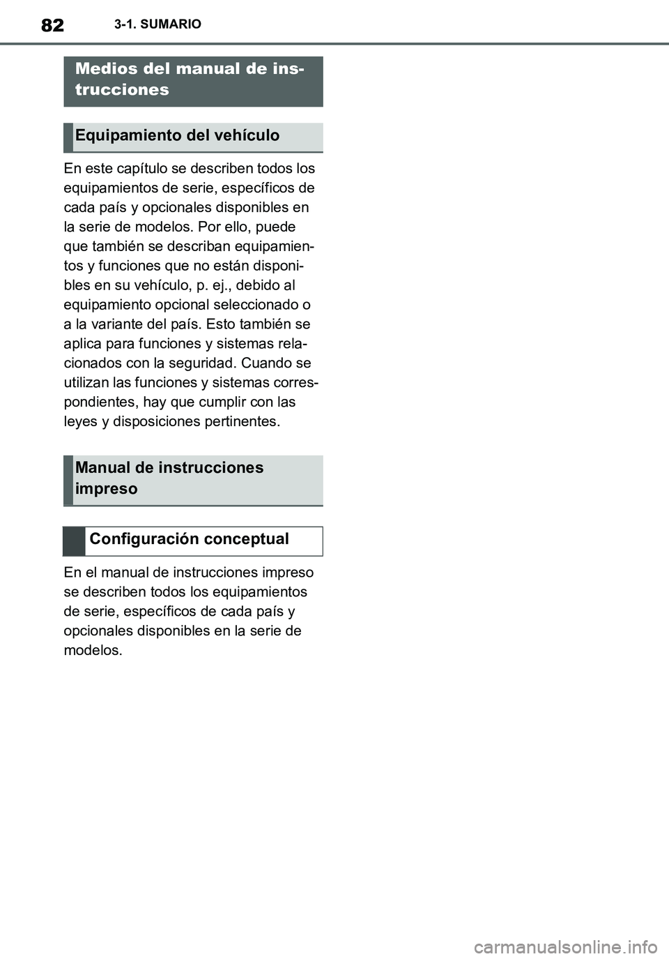 TOYOTA SUPRA 2020 Manuale de Empleo (in Spanish) 82
Supra Owners Manual_ES
3-1. SUMARIO
En este capítulo se describen todos los
equipamientos de serie, específicos de
cada país y opcionales disponibles en
la serie de modelos. Por ello, puede TOYOTA SUPRA 2020 Manuale de Empleo (in Spanish) 82
Supra Owners Manual_ES
3-1. SUMARIO
En este capítulo se describen todos los
equipamientos de serie, específicos de
cada país y opcionales disponibles en
la serie de modelos. Por ello, puede