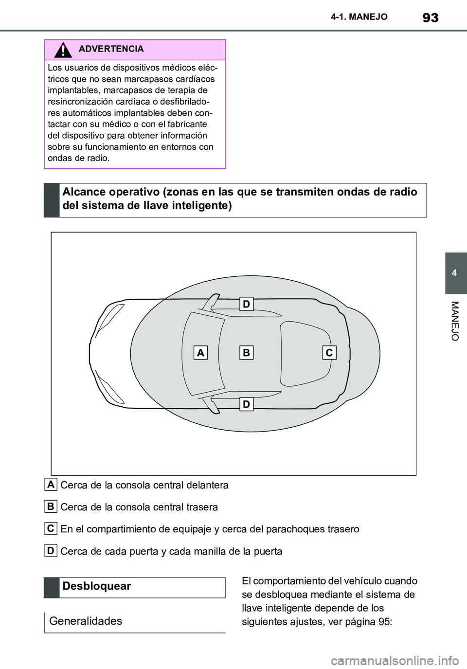 TOYOTA SUPRA 2020 Manuale de Empleo (in Spanish) 93
4
Supra Owners Manual_ES
4-1. MANEJO
MANEJO
Cerca de la consola central delantera
Cerca de la consola central trasera
En el compartimiento de equipaje y cerca del parachoques trasero
Cerca de cada TOYOTA SUPRA 2020 Manuale de Empleo (in Spanish) 93
4
Supra Owners Manual_ES
4-1. MANEJO
MANEJO
Cerca de la consola central delantera
Cerca de la consola central trasera
En el compartimiento de equipaje y cerca del parachoques trasero
Cerca de cada