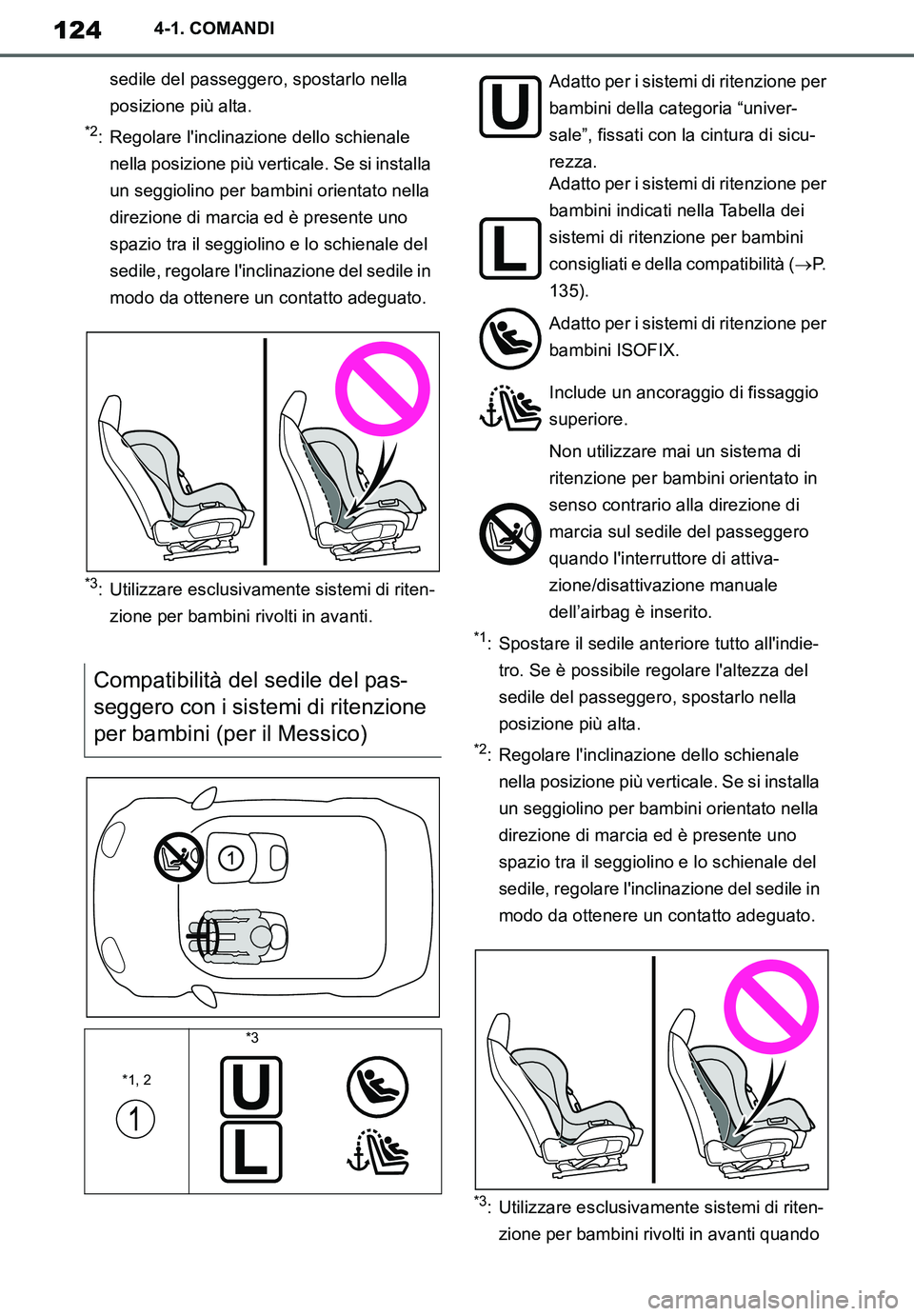 TOYOTA SUPRA 2020  Manuale duso (in Italian) 124
Supra Owners Manual_EL
4-1. COMANDI
sedile del passeggero, spostarlo nella 
posizione più alta.
*2: Regolare linclinazione dello schienale 
nella posizione più verticale. Se si installa 
un se