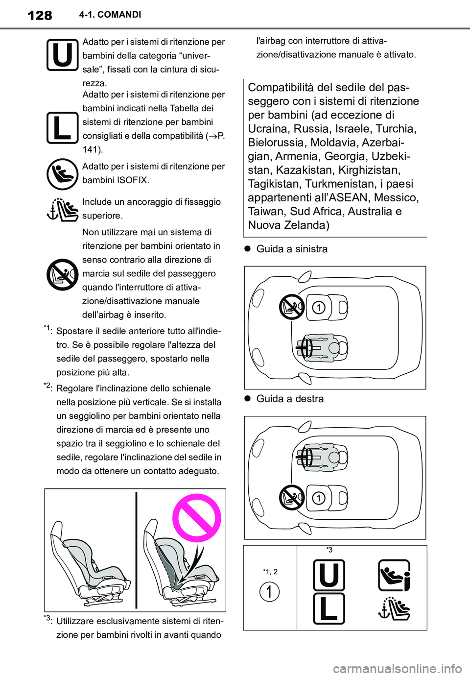 TOYOTA SUPRA 2020  Manuale duso (in Italian) 128
Supra Owners Manual_EL
4-1. COMANDI
*1: Spostare il sedile anteriore tutto allindie-
tro. Se è possibile regolare laltezza del 
sedile del passeggero, spostarlo nella 
posizione più alta.
*2: