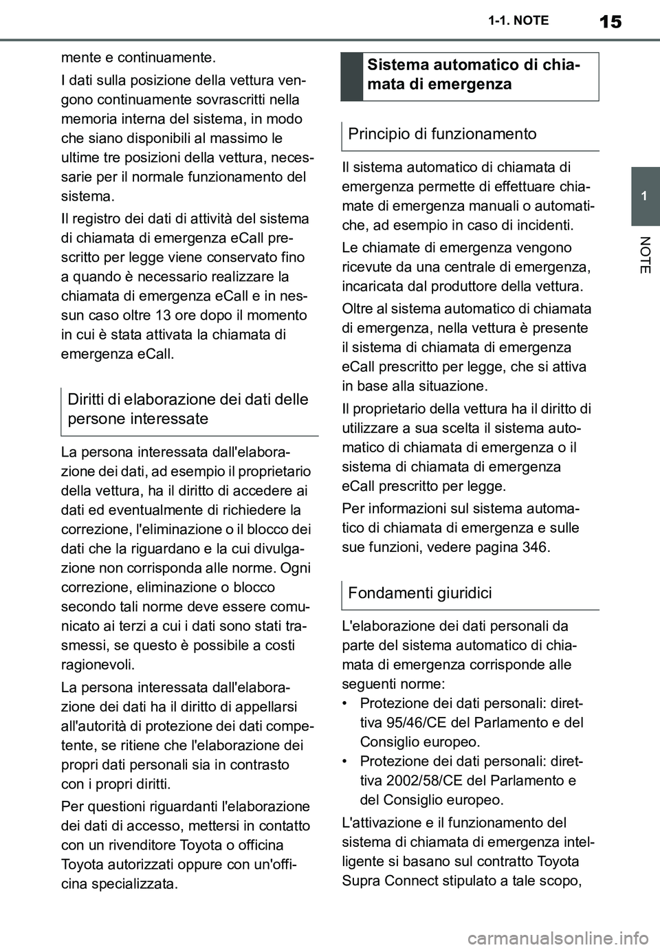 TOYOTA SUPRA 2020  Manuale duso (in Italian) 15
1
Supra Owners Manual_EL
1-1. NOTE
NOTE
mente e continuamente.
I dati sulla posizione della vettura ven-
gono continuamente sovrascritti nella 
memoria interna del sistema, in modo 
che siano disp