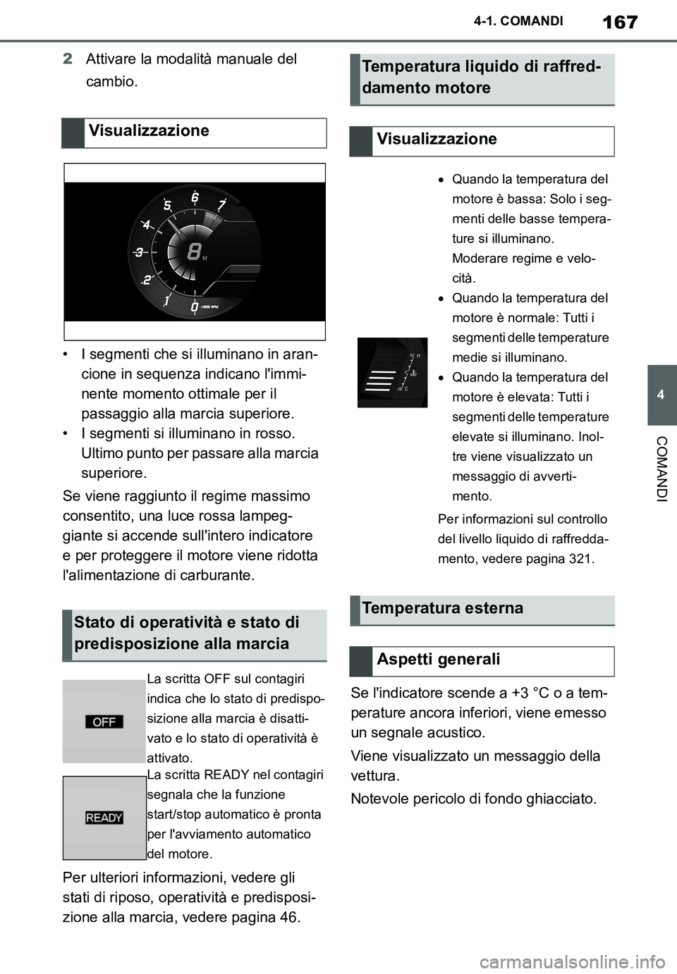 TOYOTA SUPRA 2020 Manuale duso (in Italian) 167
4
Supra Owners Manual_EL
4-1. COMANDI
COMANDI
2Attivare la modalità manuale del
cambio.
• I segmenti che si illuminano in aran-
cione in sequenza indicano limmi-
nente momento ottimale per i TOYOTA SUPRA 2020 Manuale duso (in Italian) 167
4
Supra Owners Manual_EL
4-1. COMANDI
COMANDI
2Attivare la modalità manuale del
cambio.
• I segmenti che si illuminano in aran-
cione in sequenza indicano limmi-
nente momento ottimale per i