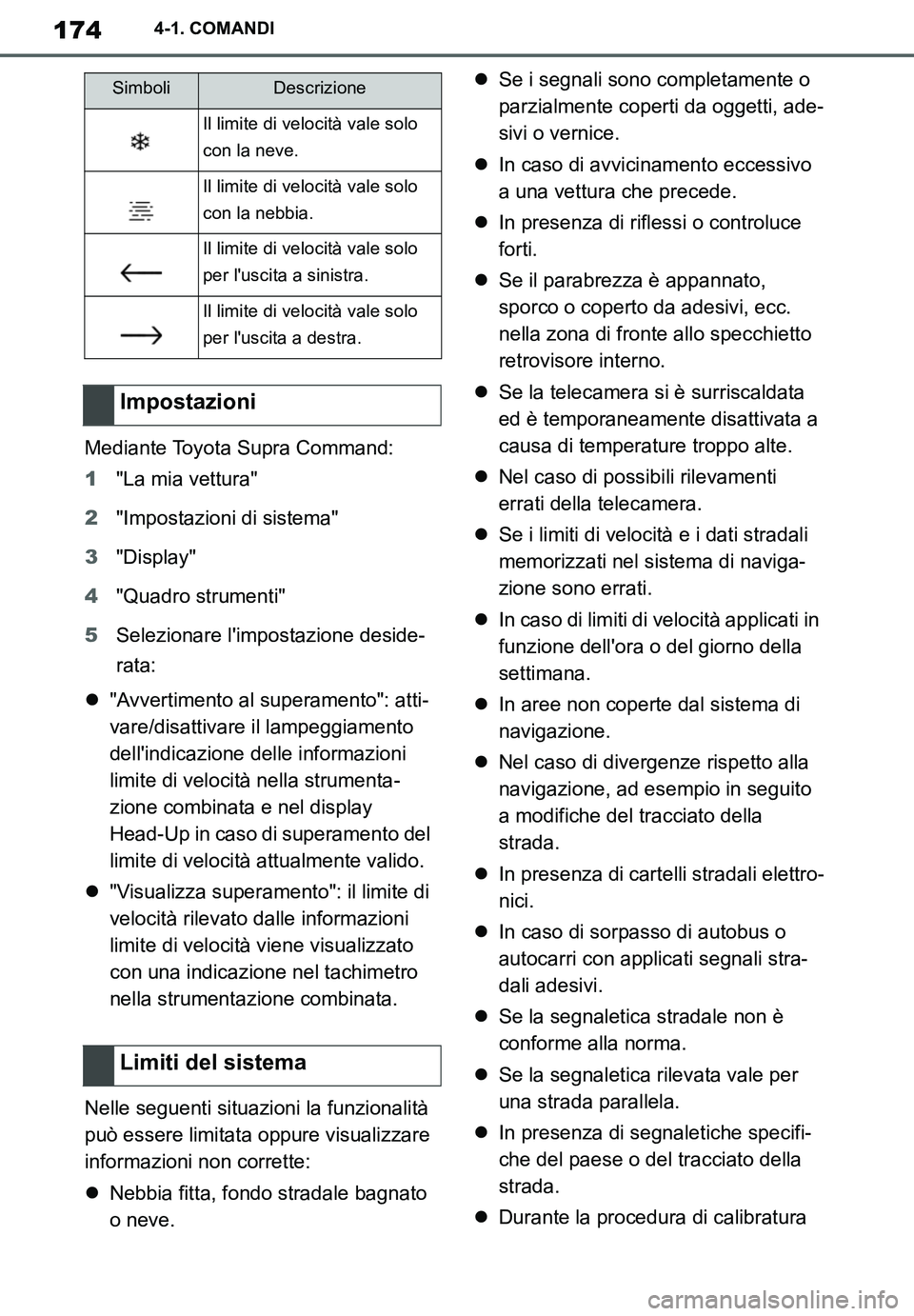 TOYOTA SUPRA 2020 Manuale duso (in Italian) 174
Supra Owners Manual_EL
4-1. COMANDI
Mediante Toyota Supra Command:
1"La mia vettura"
2"Impostazioni di sistema"
3"Display"
4"Quadro strumenti"
5Selezionare limpostazione deside-
rata:
"Avvert TOYOTA SUPRA 2020 Manuale duso (in Italian) 174
Supra Owners Manual_EL
4-1. COMANDI
Mediante Toyota Supra Command:
1"La mia vettura"
2"Impostazioni di sistema"
3"Display"
4"Quadro strumenti"
5Selezionare limpostazione deside-
rata:
"Avvert