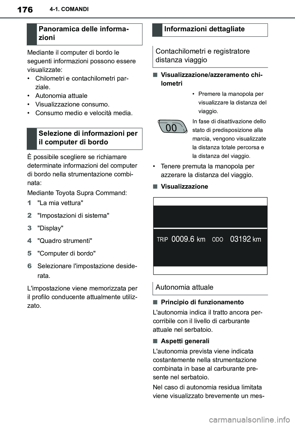 TOYOTA SUPRA 2020 Manuale duso (in Italian) 176
Supra Owners Manual_EL
4-1. COMANDI
Mediante il computer di bordo le
seguenti informazioni possono essere
visualizzate:
• Chilometri e contachilometri par-
ziale.
• Autonomia attuale
• Vi TOYOTA SUPRA 2020 Manuale duso (in Italian) 176
Supra Owners Manual_EL
4-1. COMANDI
Mediante il computer di bordo le
seguenti informazioni possono essere
visualizzate:
• Chilometri e contachilometri par-
ziale.
• Autonomia attuale
• Vi