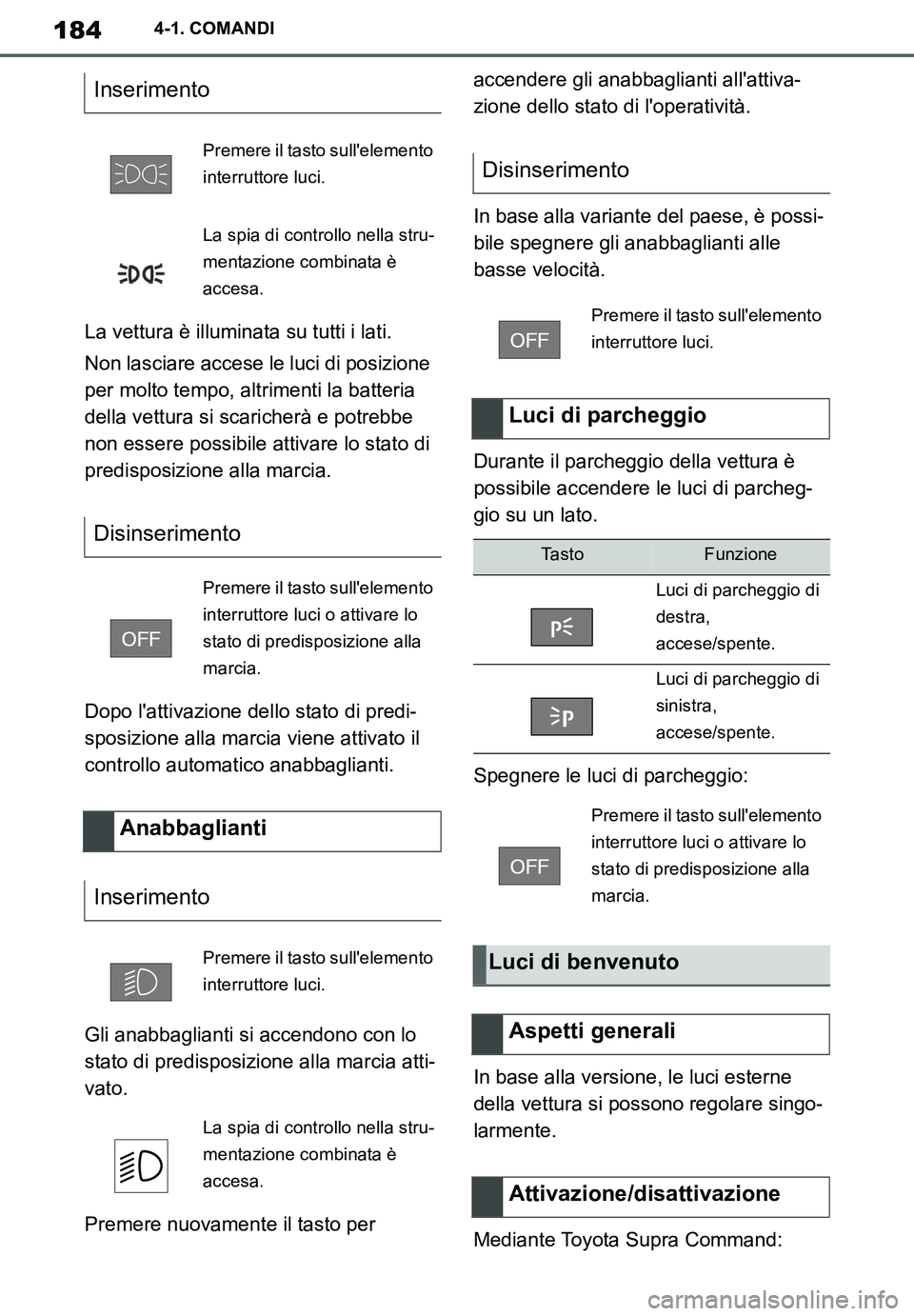 TOYOTA SUPRA 2020 Manuale duso (in Italian) 184
Supra Owners Manual_EL
4-1. COMANDI
La vettura è illuminata su tutti i lati.
Non lasciare accese le luci di posizione
per molto tempo, altrimenti la batteria
della vettura si scaricherà e pot TOYOTA SUPRA 2020 Manuale duso (in Italian) 184
Supra Owners Manual_EL
4-1. COMANDI
La vettura è illuminata su tutti i lati.
Non lasciare accese le luci di posizione
per molto tempo, altrimenti la batteria
della vettura si scaricherà e pot
