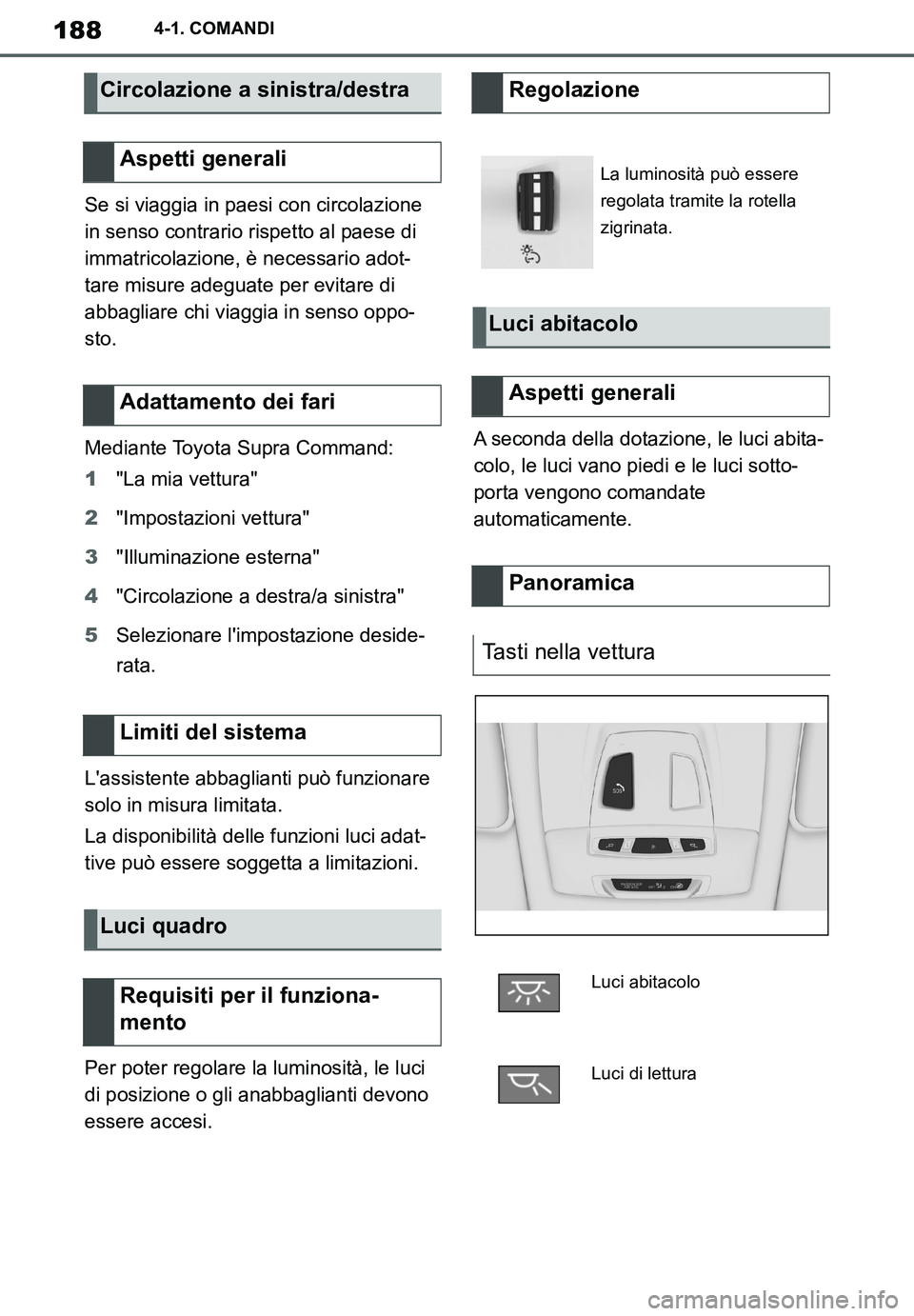 TOYOTA SUPRA 2020 Manuale duso (in Italian) 188
Supra Owners Manual_EL
4-1. COMANDI
Se si viaggia in paesi con circolazione
in senso contrario rispetto al paese di
immatricolazione, è necessario adot-
tare misure adeguate per evitare di
ab TOYOTA SUPRA 2020 Manuale duso (in Italian) 188
Supra Owners Manual_EL
4-1. COMANDI
Se si viaggia in paesi con circolazione
in senso contrario rispetto al paese di
immatricolazione, è necessario adot-
tare misure adeguate per evitare di
ab