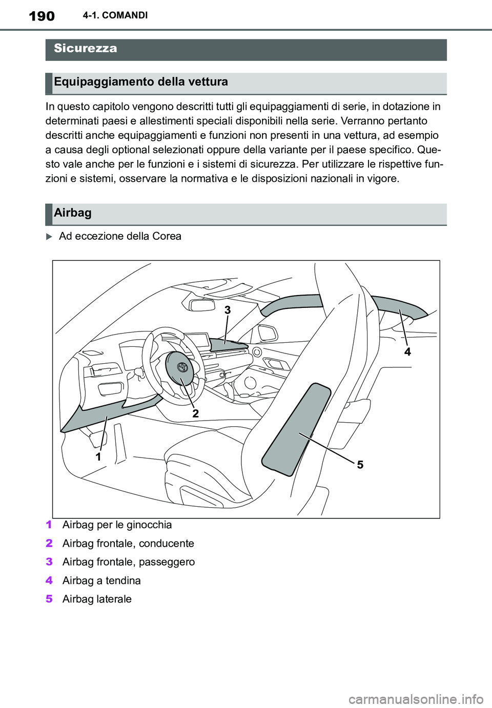 TOYOTA SUPRA 2020 Manuale duso (in Italian) 190
Supra Owners Manual_EL
4-1. COMANDI
In questo capitolo vengono descritti tutti gli equipaggiamenti di serie, in dotazione in
determinati paesi e allestimenti speciali disponibili nella serie. Ve TOYOTA SUPRA 2020 Manuale duso (in Italian) 190
Supra Owners Manual_EL
4-1. COMANDI
In questo capitolo vengono descritti tutti gli equipaggiamenti di serie, in dotazione in
determinati paesi e allestimenti speciali disponibili nella serie. Ve